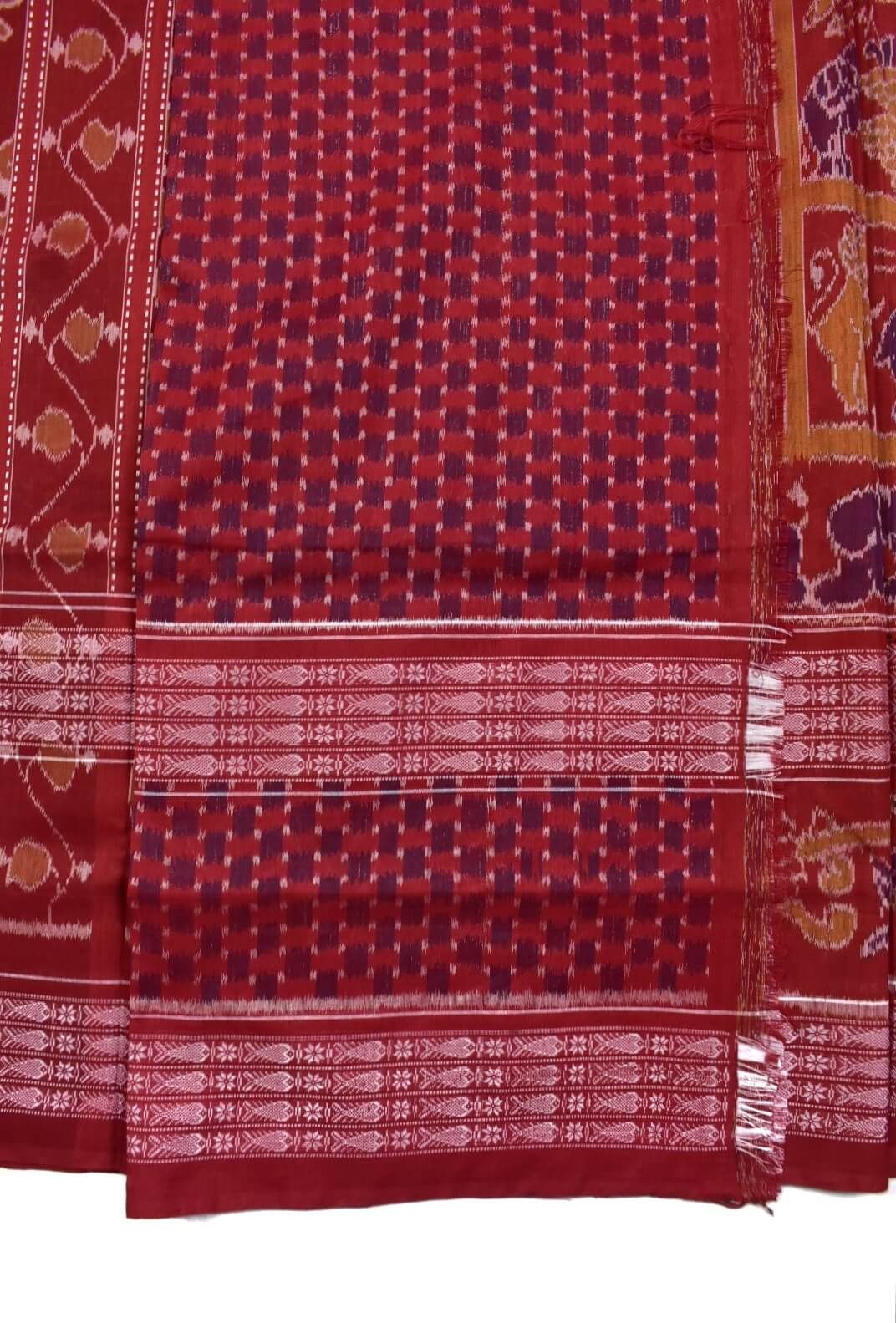 Red Colour Animal Design Sambalpuri Handloom Cotton Saree - Image 5