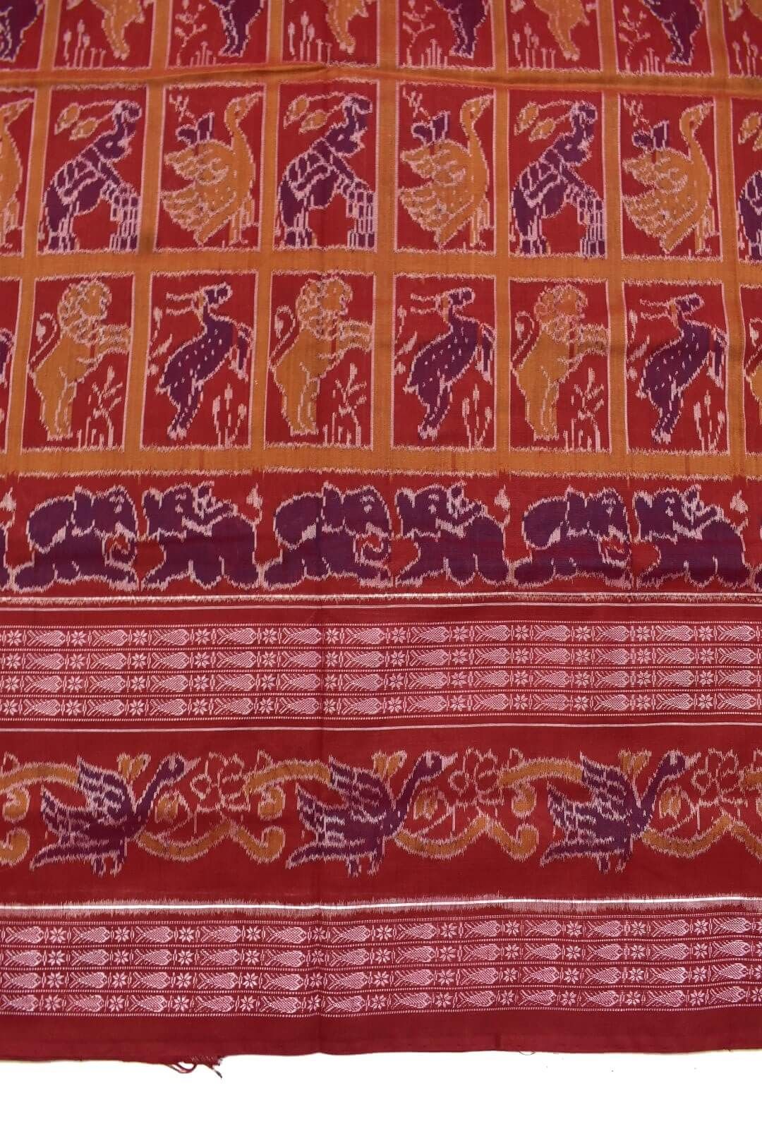 Red Colour Animal Design Sambalpuri Handloom Cotton Saree - Image 4