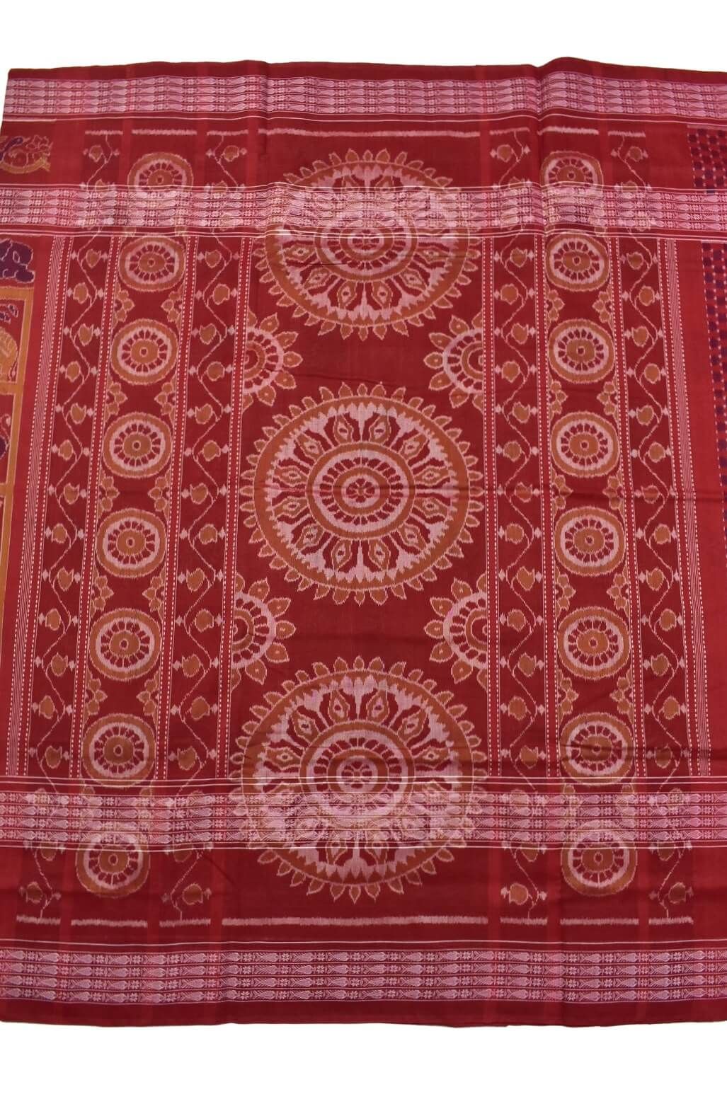 Red Colour Animal Design Sambalpuri Handloom Cotton Saree - Image 2