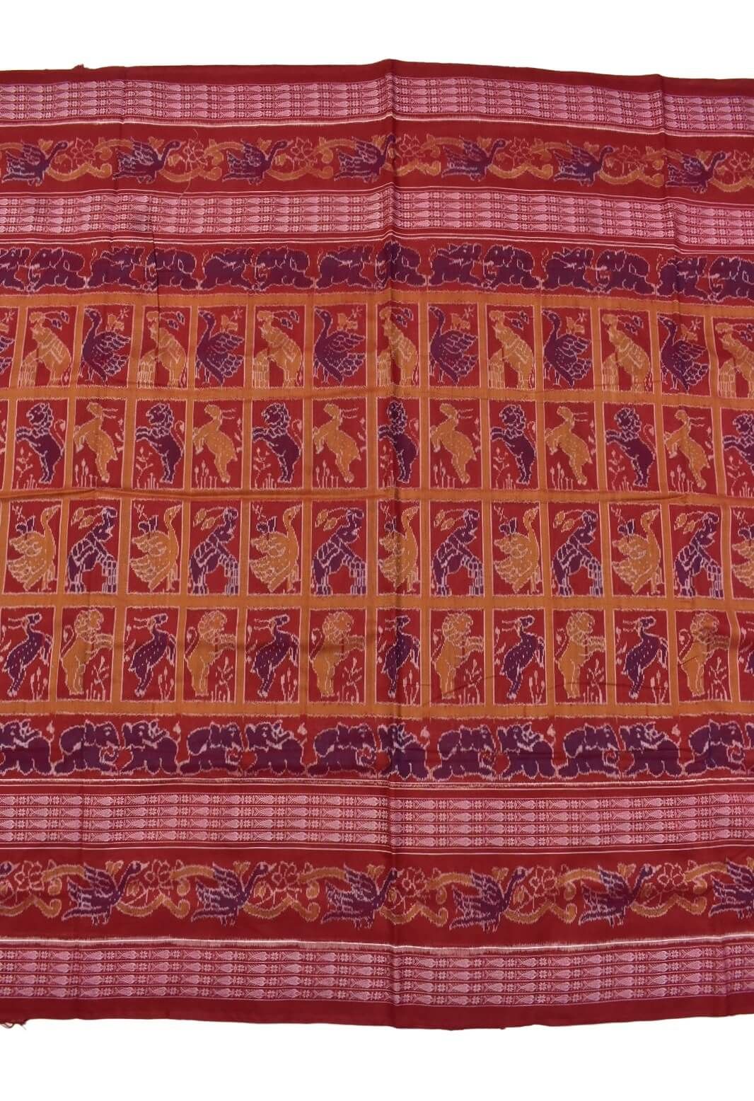 Red Colour Animal Design Sambalpuri Handloom Cotton Saree