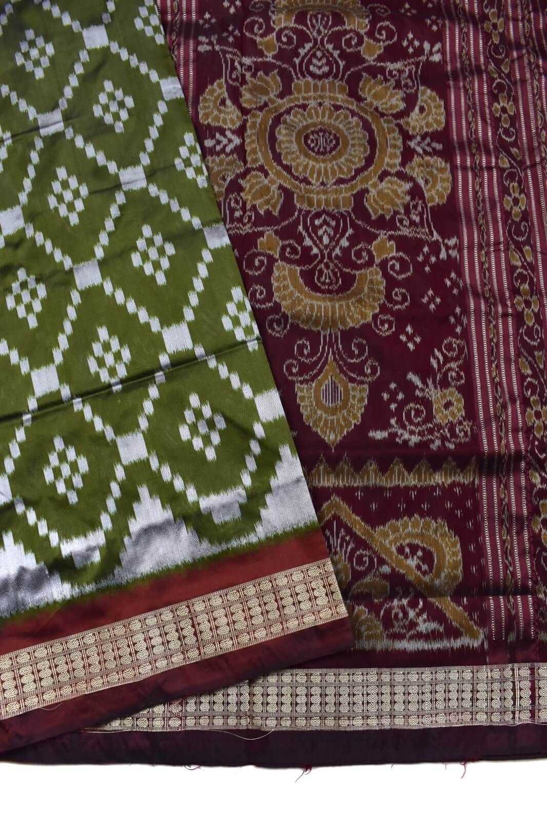 Mahendi Colour Pasapali Design Sambalpuri Handloom Bandha Silk Saree - Image 3