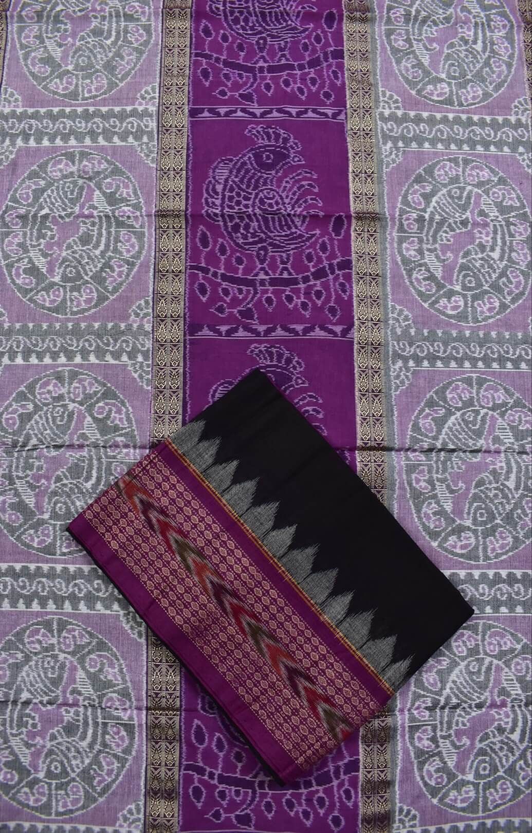 lite purple Colour Peacock Design Sambalpuri Handloom Cotton Dress Materials - Image 3