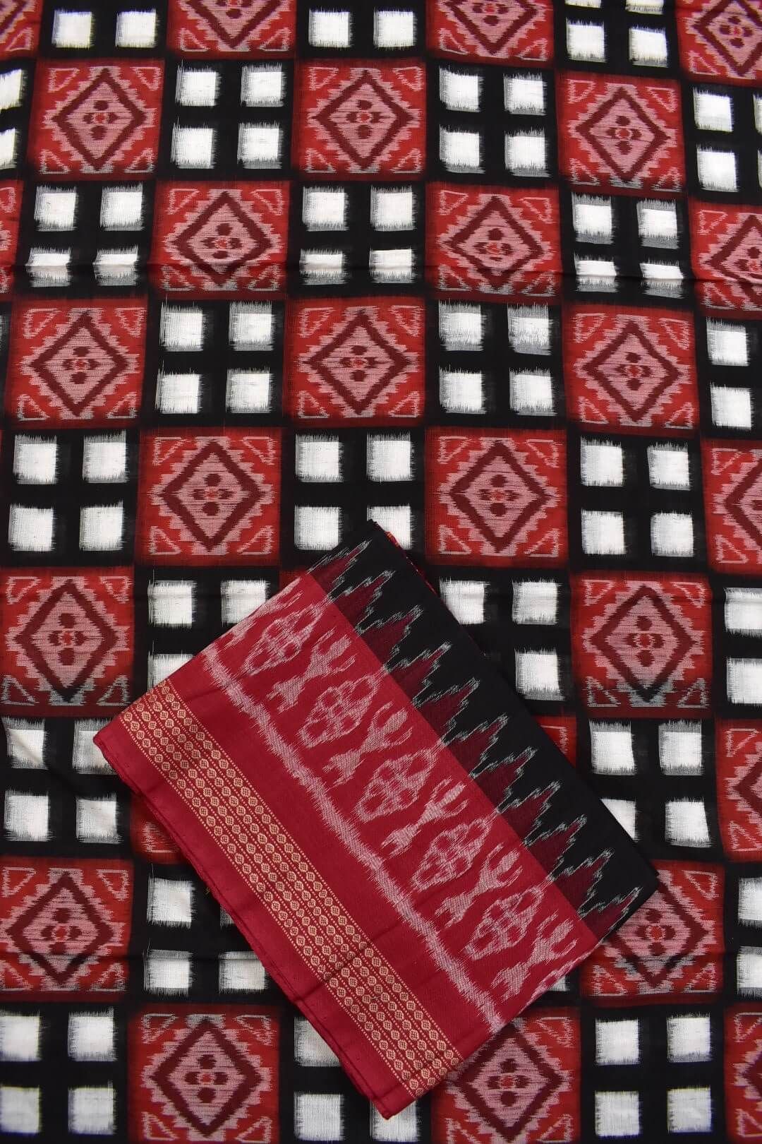 Red-Black Colour Pasapali Design Sambalpuri Handloom Cotton Dress Materials - Image 3