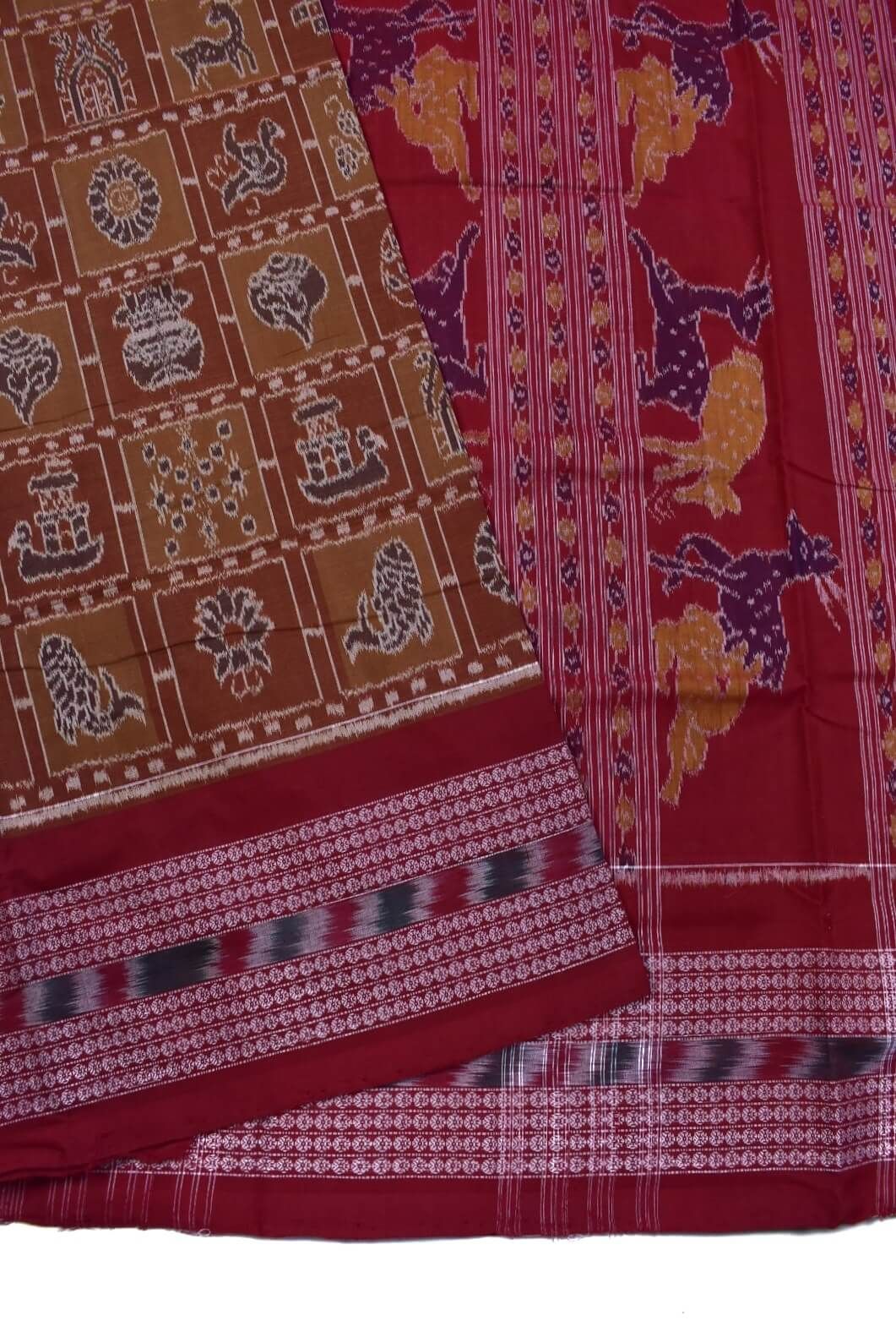 Mustard Colour Double Border Sambalpuri Handloom Bandha Cotton Saree - Image 3