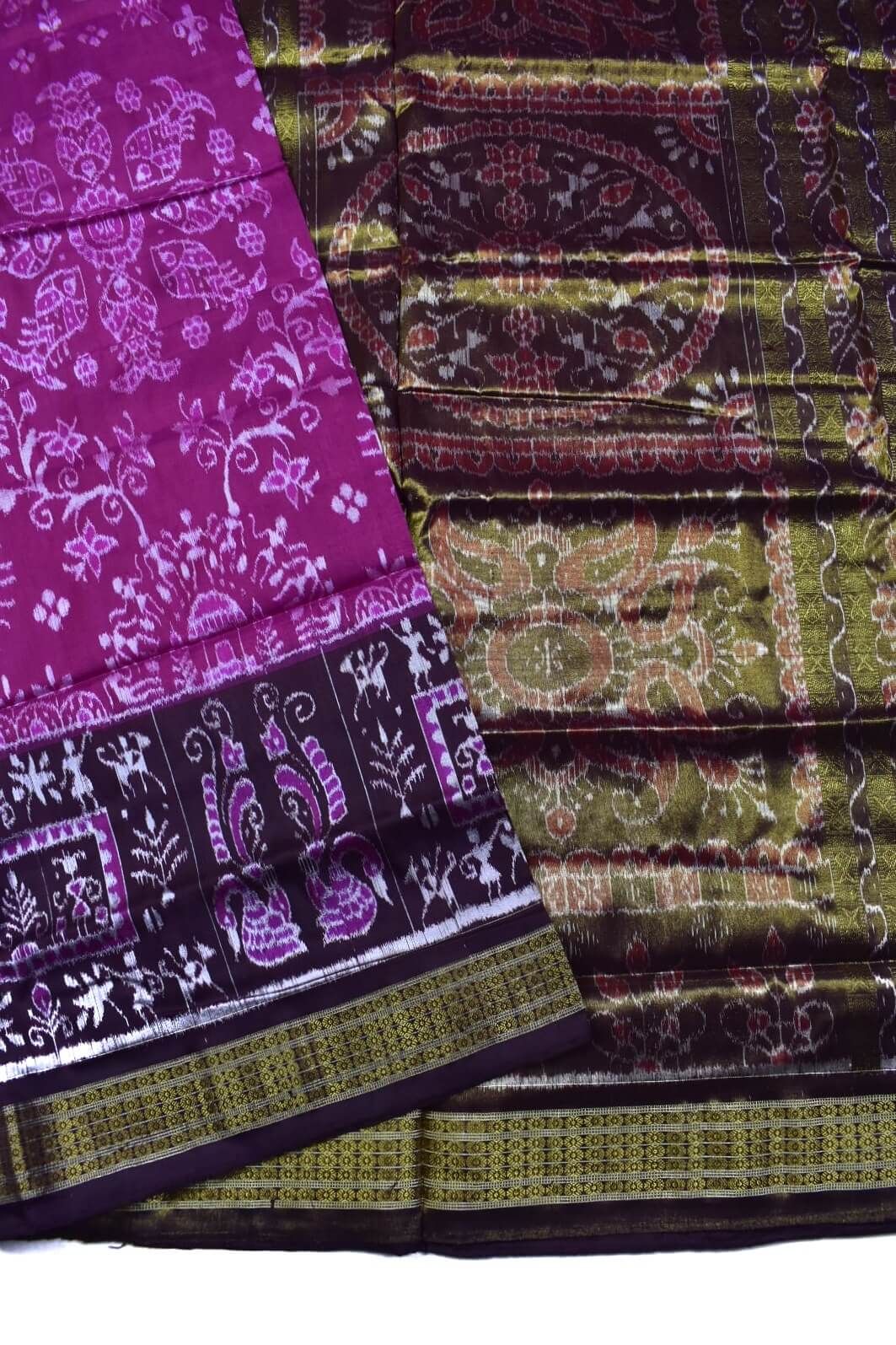 Pink-Coffe Combination Sambalpuri Handloom Half Tissue Silk Saree - Image 3