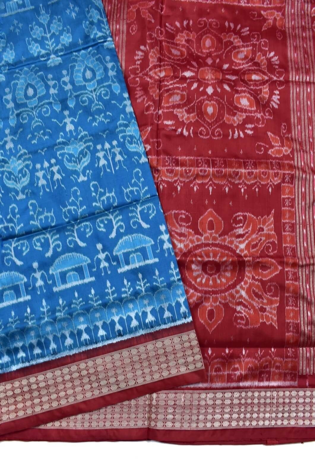 Sky Colour Tribal Design Sambalpuri Handloom Bandha Silk Saree - Image 3