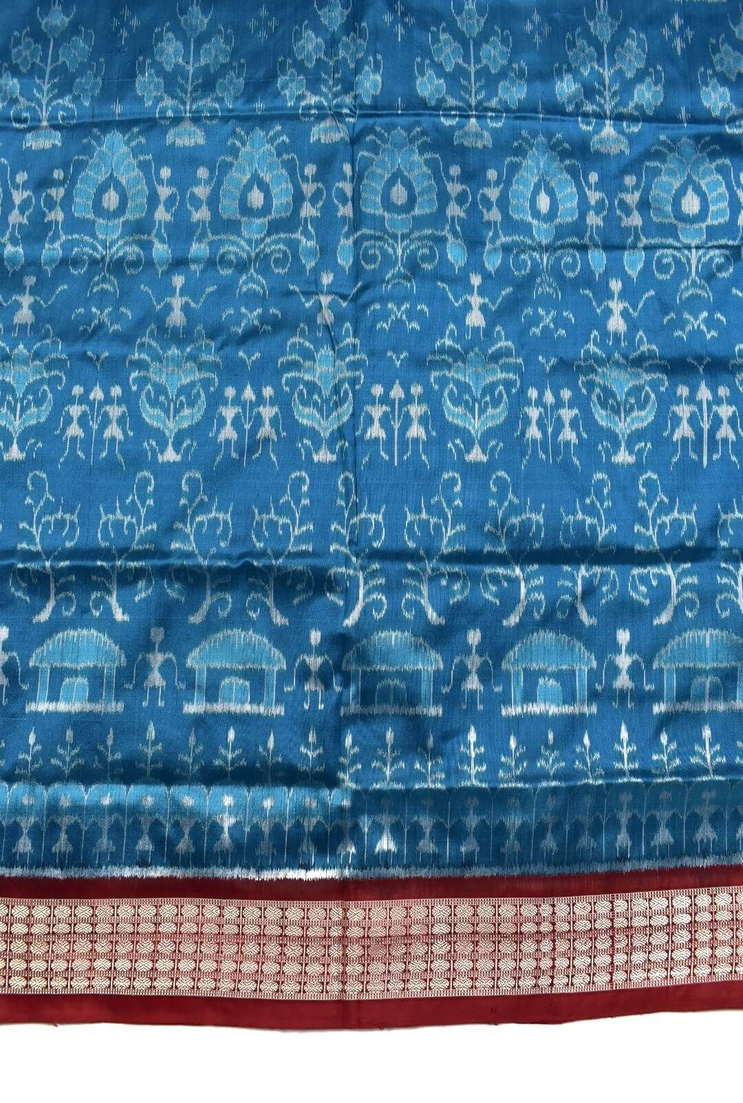 Sky Colour Tribal Design Sambalpuri Handloom Bandha Silk Saree - Image 4