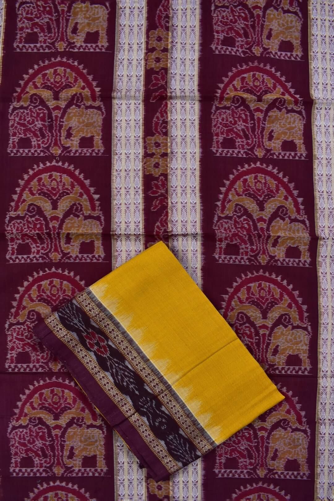 Maroon Colour Elephant Design Sambalpuri Handloom Cotton Dress Materials - Image 3
