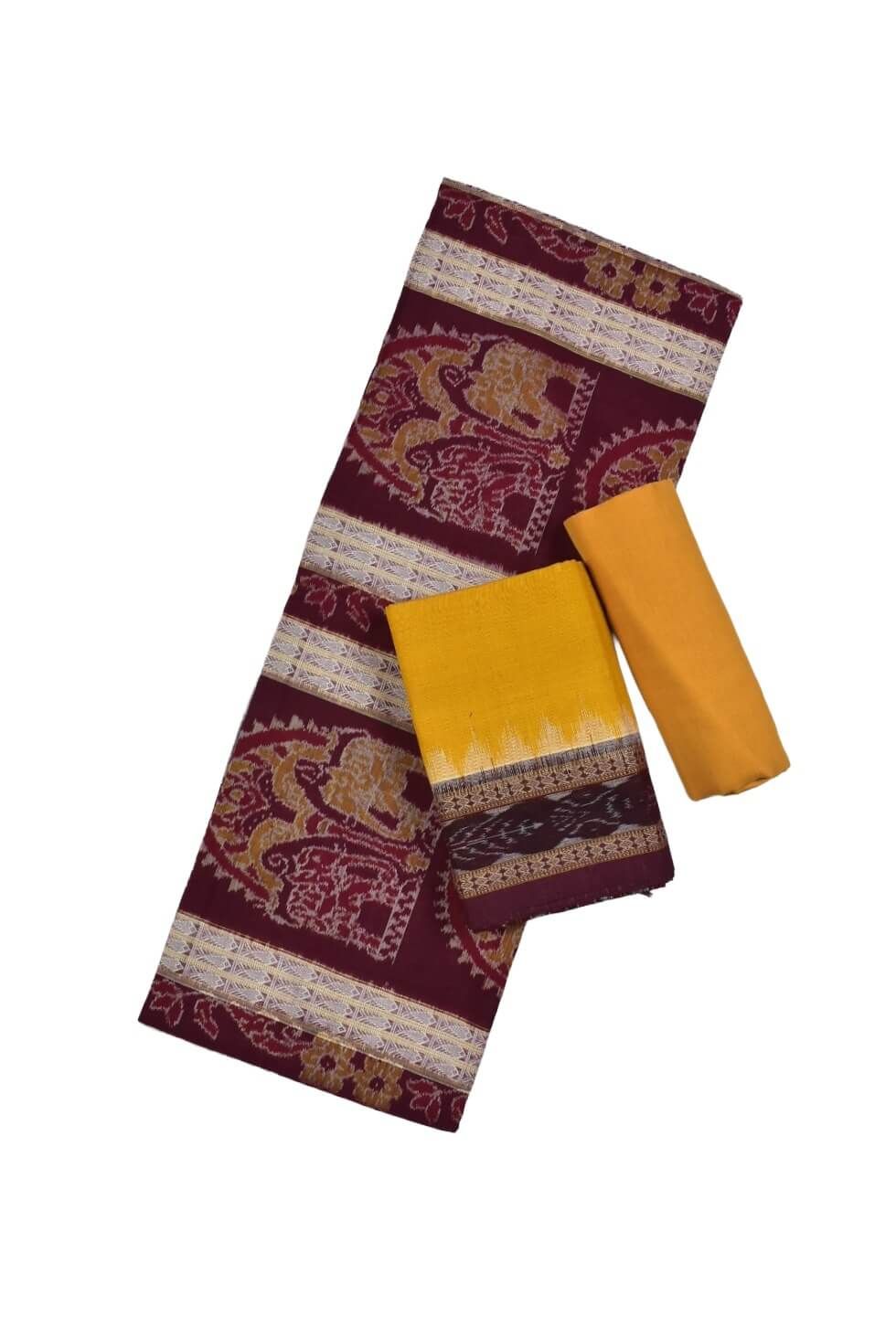Maroon Colour Elephant Design Sambalpuri Handloom Cotton Dress Materials