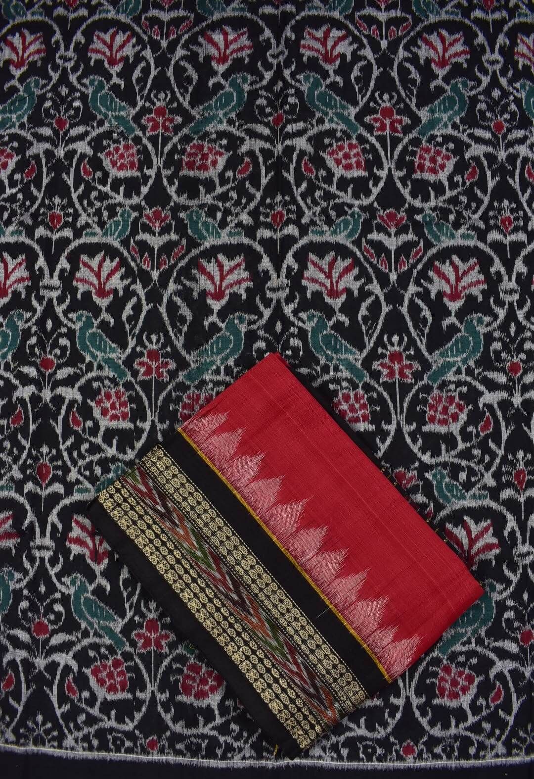 Red Colour Pasapali Design Sambalpuri Handloom Cotton Dress Materials (Copy) - Image 3