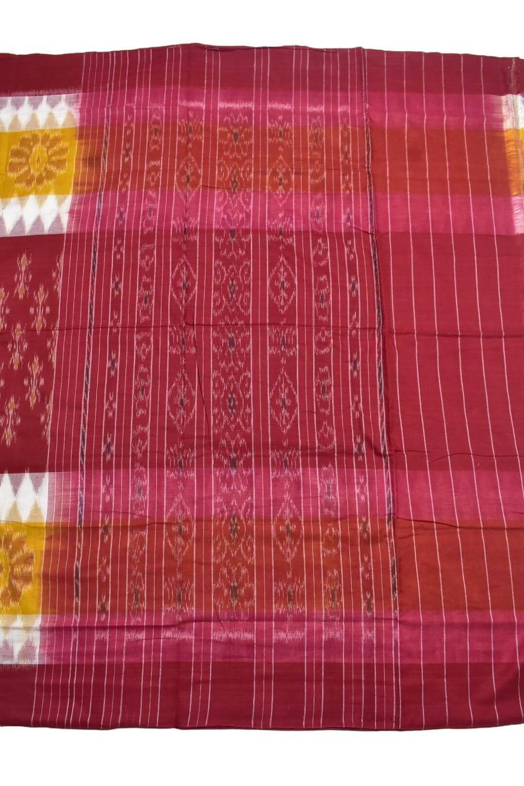 Red-Yellow Colour Sambalpuri Handloom Mania Bandha Cotton Saree - Image 2