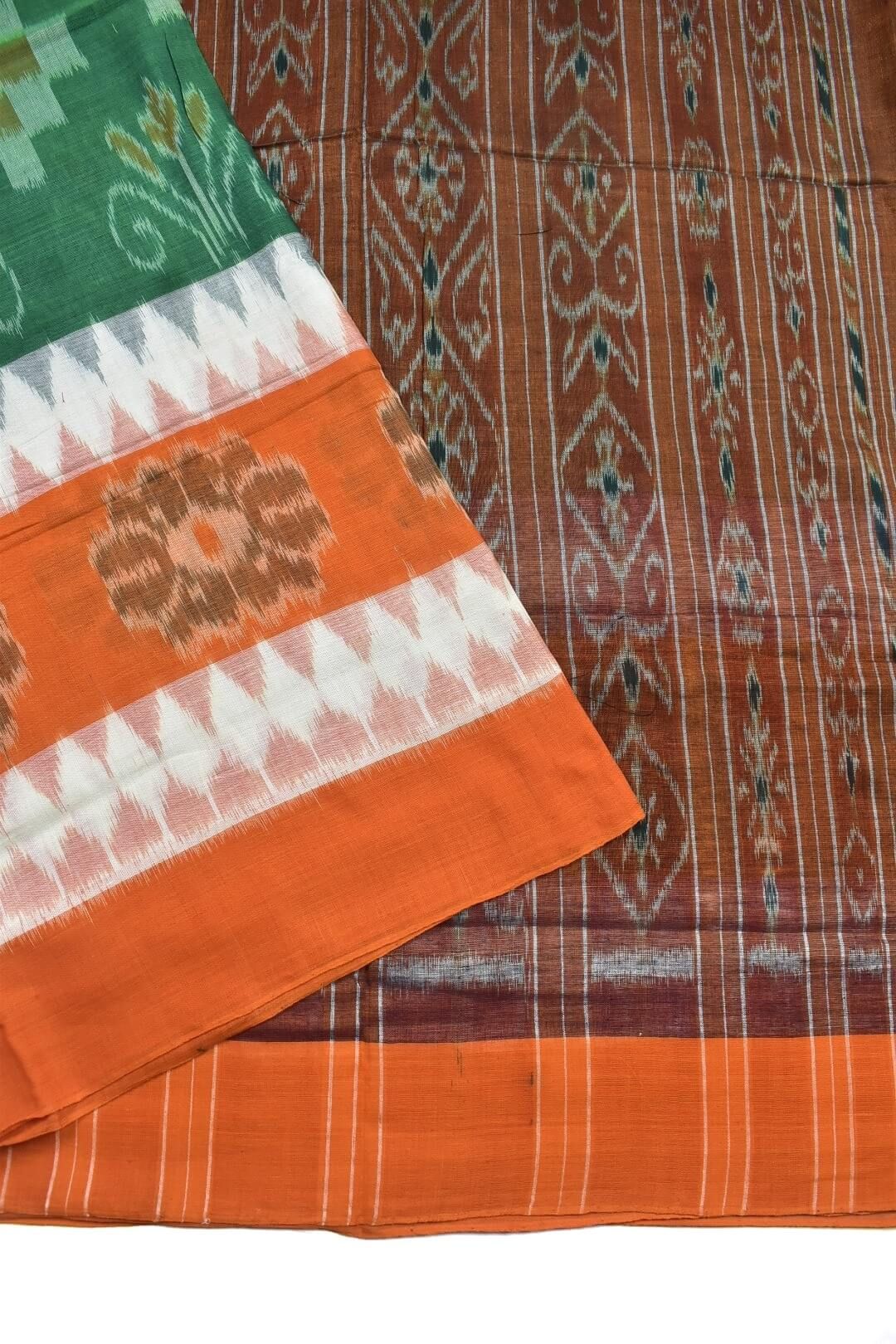 Green-Orange Colour Sambalpuri Handloom Mania Bandha Cotton Saree - Image 3