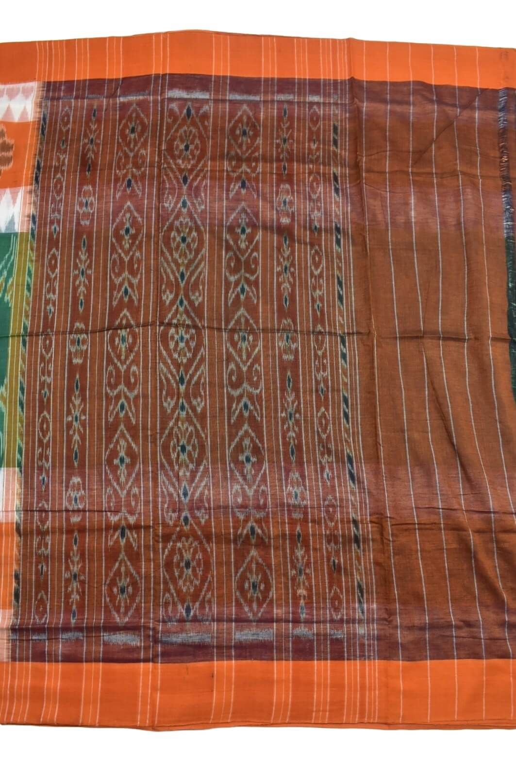Green-Orange Colour Sambalpuri Handloom Mania Bandha Cotton Saree - Image 2