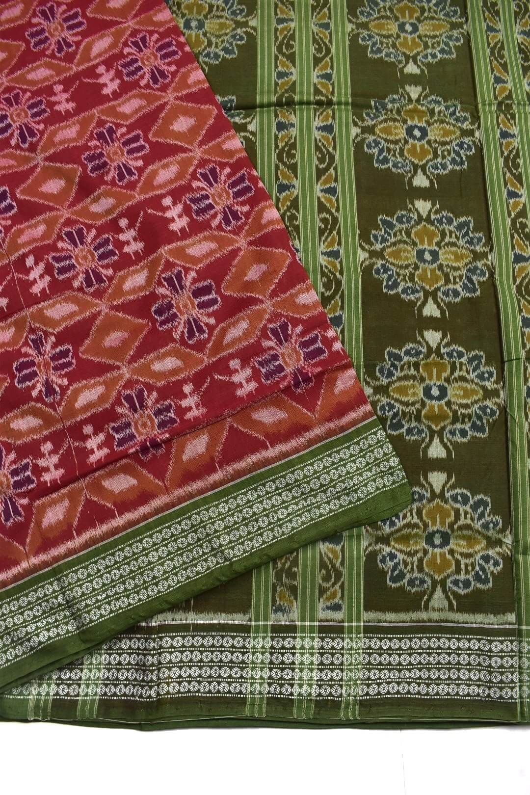 Red Colour Sambalpuri Handloom Bandha Cotton Saree - Image 3