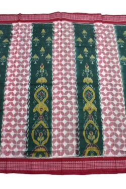 Biscuit-Green Colour Sambalpuri Handloom Bandha Cotton Saree