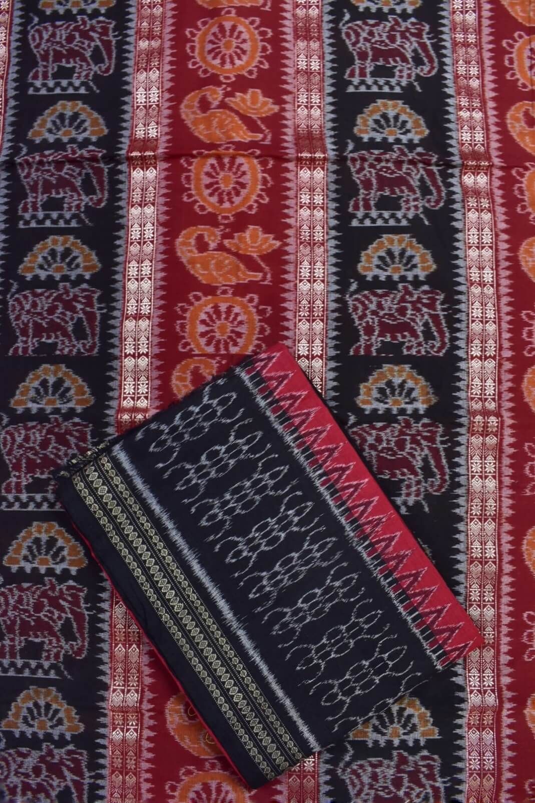 Black-Red Colour Sambalpuri Handloom Cotton Dress Material - Image 3