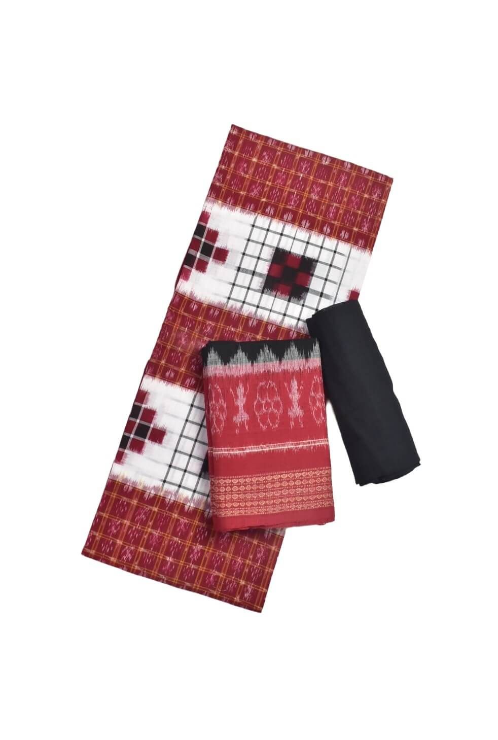 White-Red Colour Sambalpuri Handloom Cotton Dress Material