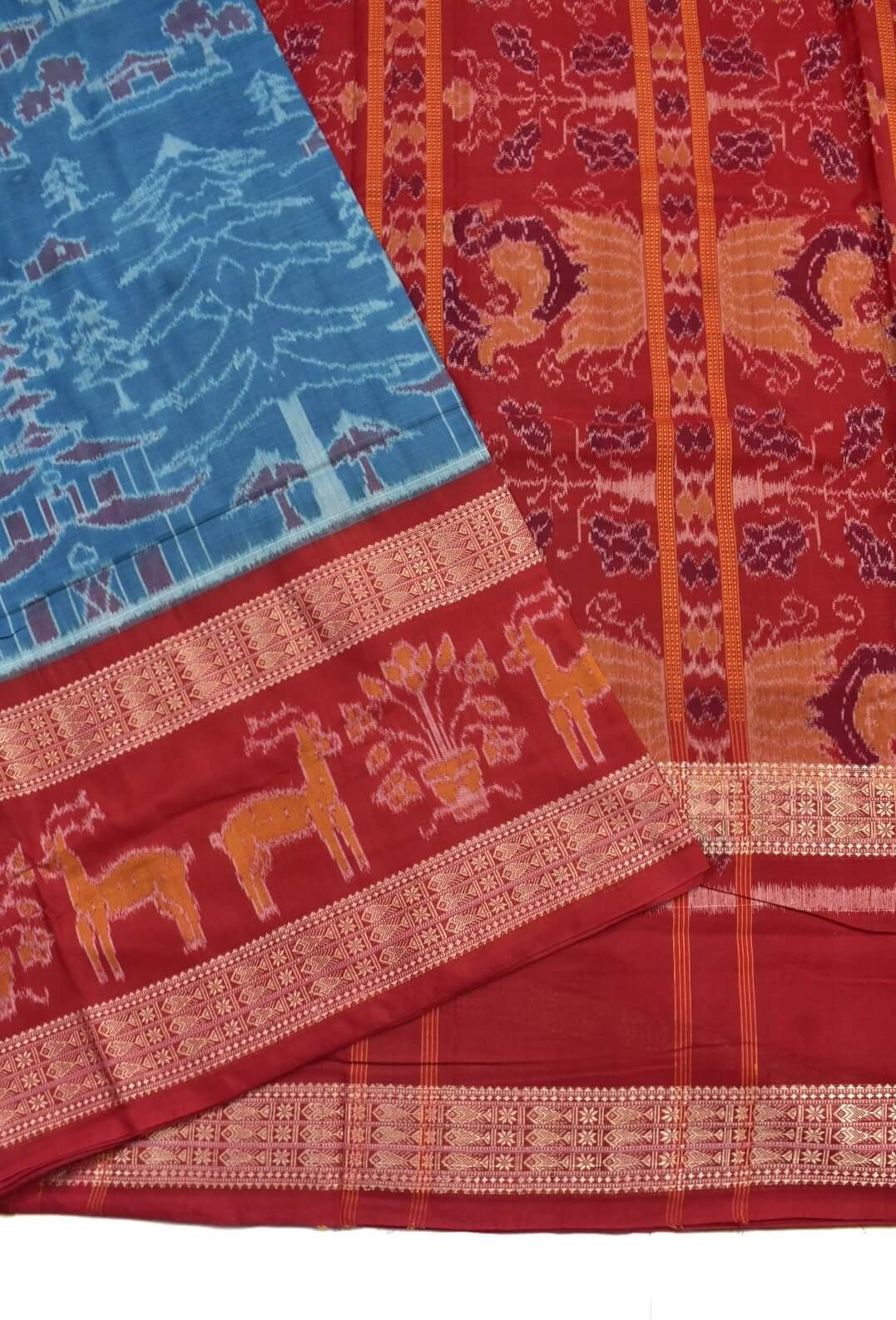 Green-Red Colour Sambalpuri Handloom Cotton Bandha Saree - Image 3