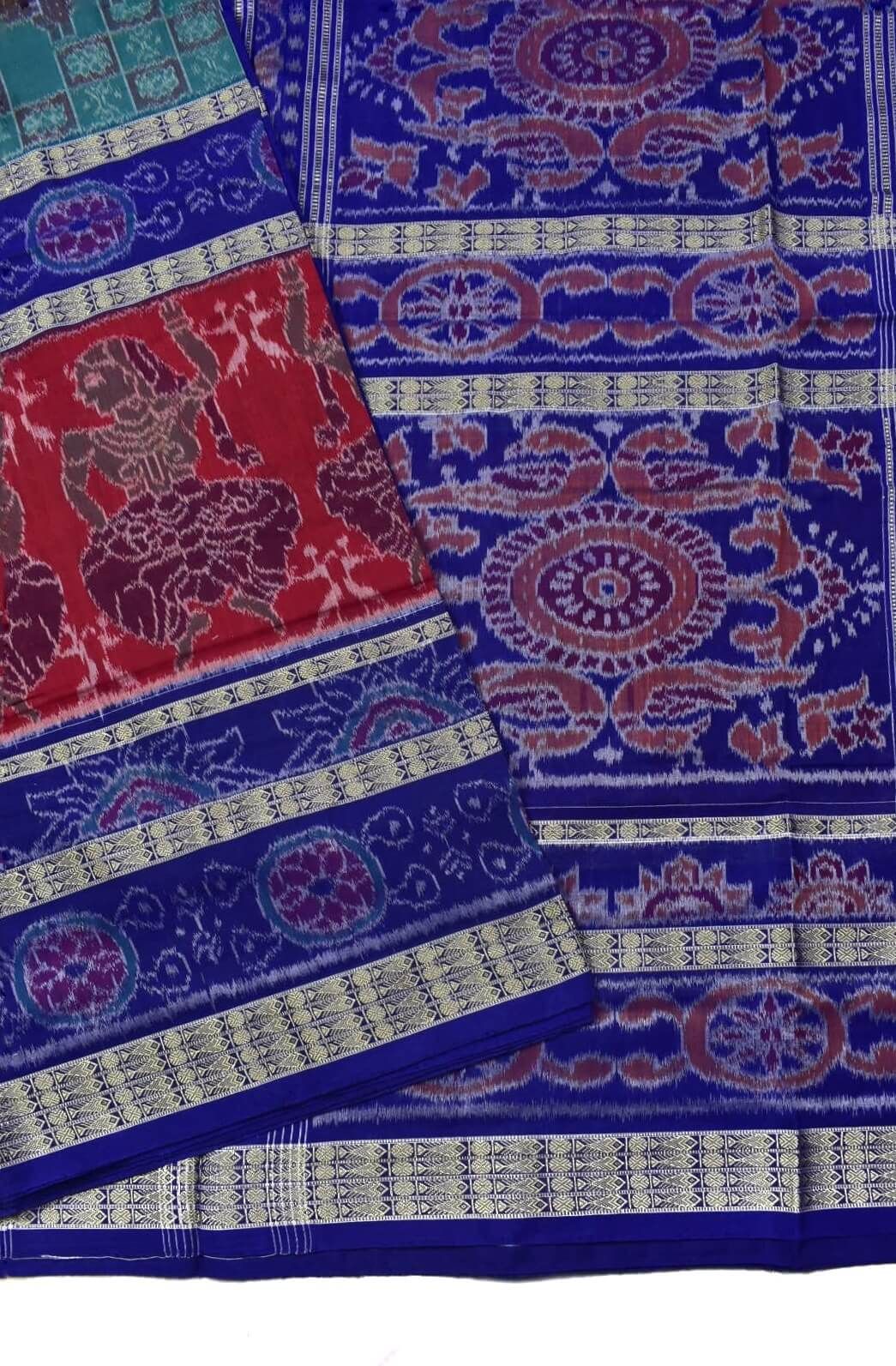 Green-Red Colour Sambalpuri Handloom Cotton Bandha Saree - Image 3