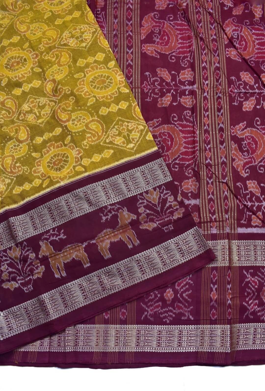 Yellow Colour Sambalpuri Handloom Cotton Bandha Saree - Image 3