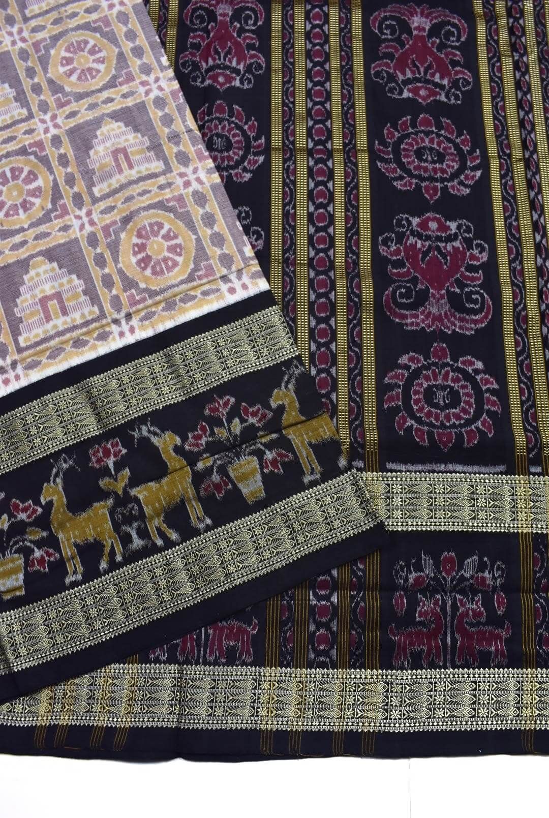 Biscuit Colour Sambalpuri Handloom Cotton Bandha Saree - Image 3