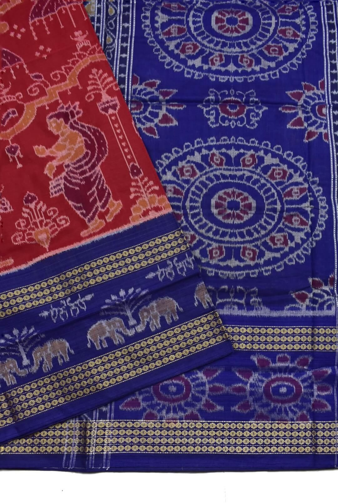 Red Colour Sambalpuri Handloom Cotton Bandha Saree - Image 3