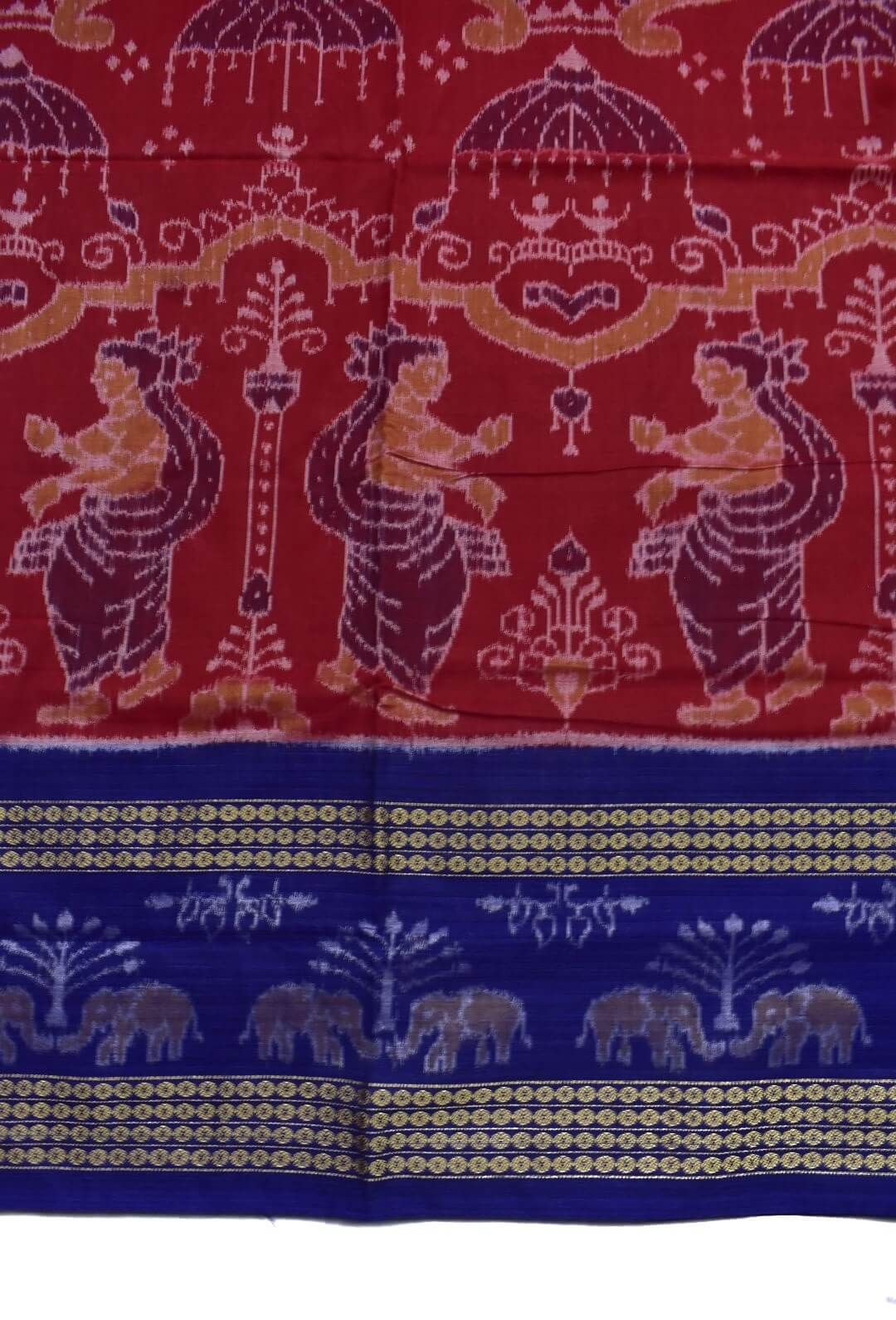 Red Colour Sambalpuri Handloom Cotton Bandha Saree - Image 4