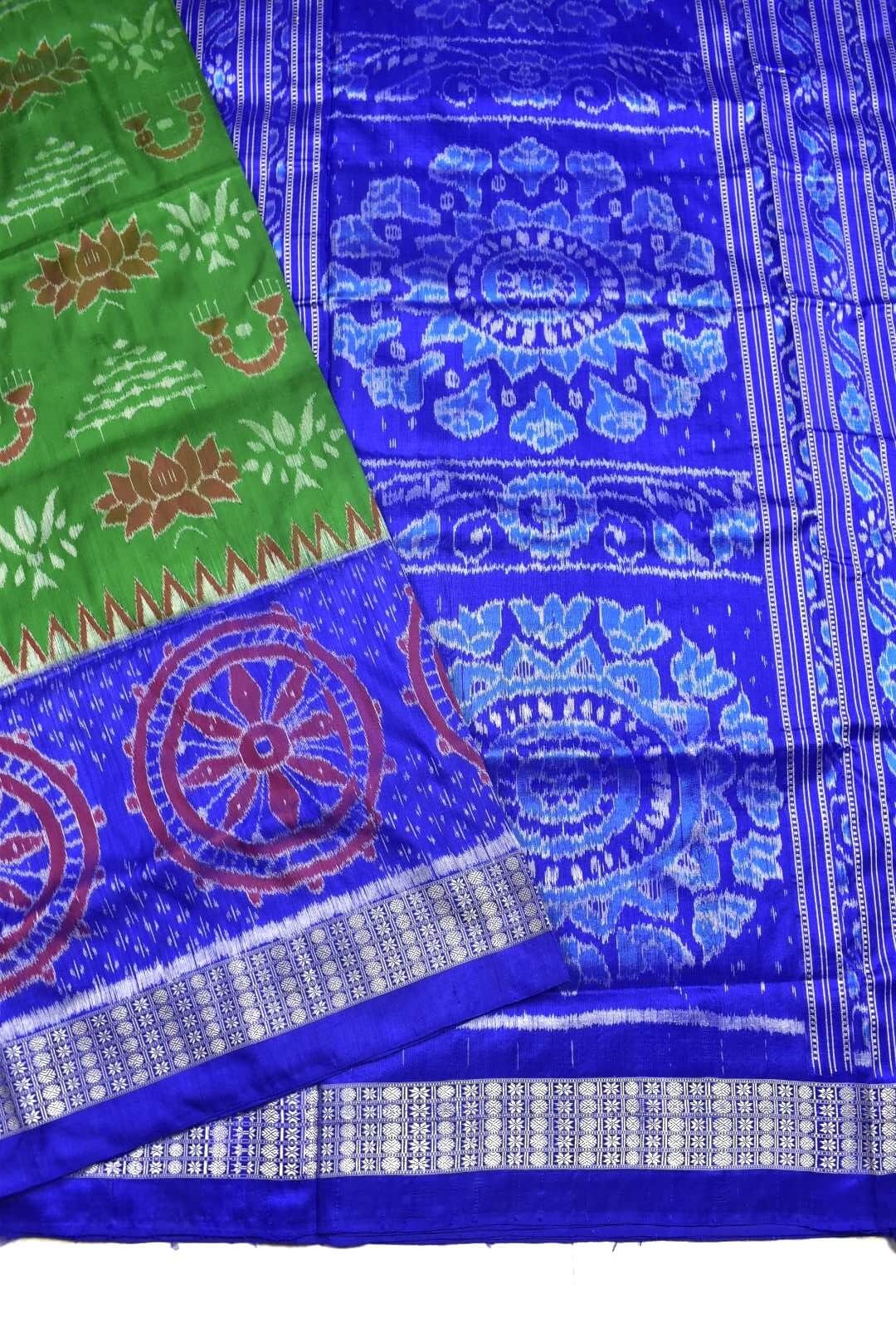 Green-Blue Colour Sambalpuri Handloom Bandha Silk Saree - Image 3