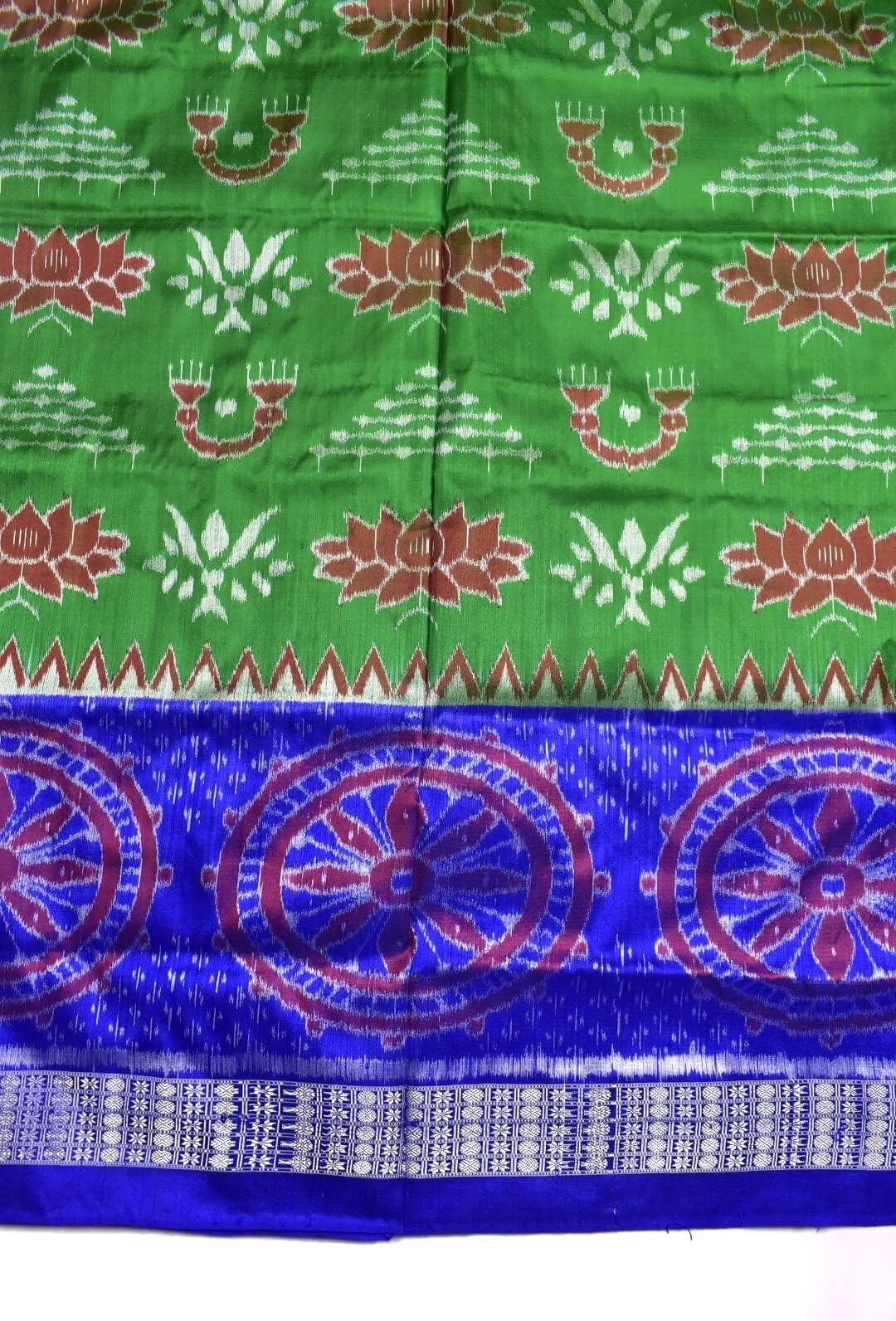 Green-Blue Colour Sambalpuri Handloom Bandha Silk Saree - Image 4