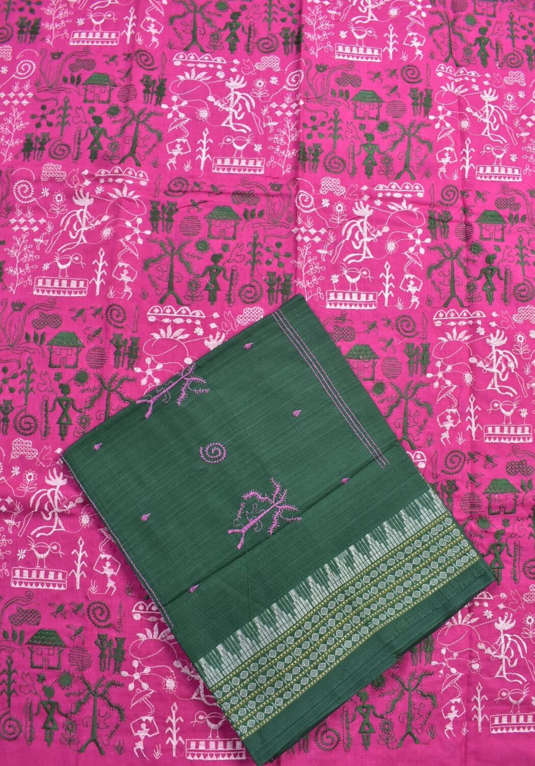 Pink Colour Tribal Design Sambalpuri Handloom Cotton Bomkai Dress Material - Image 3