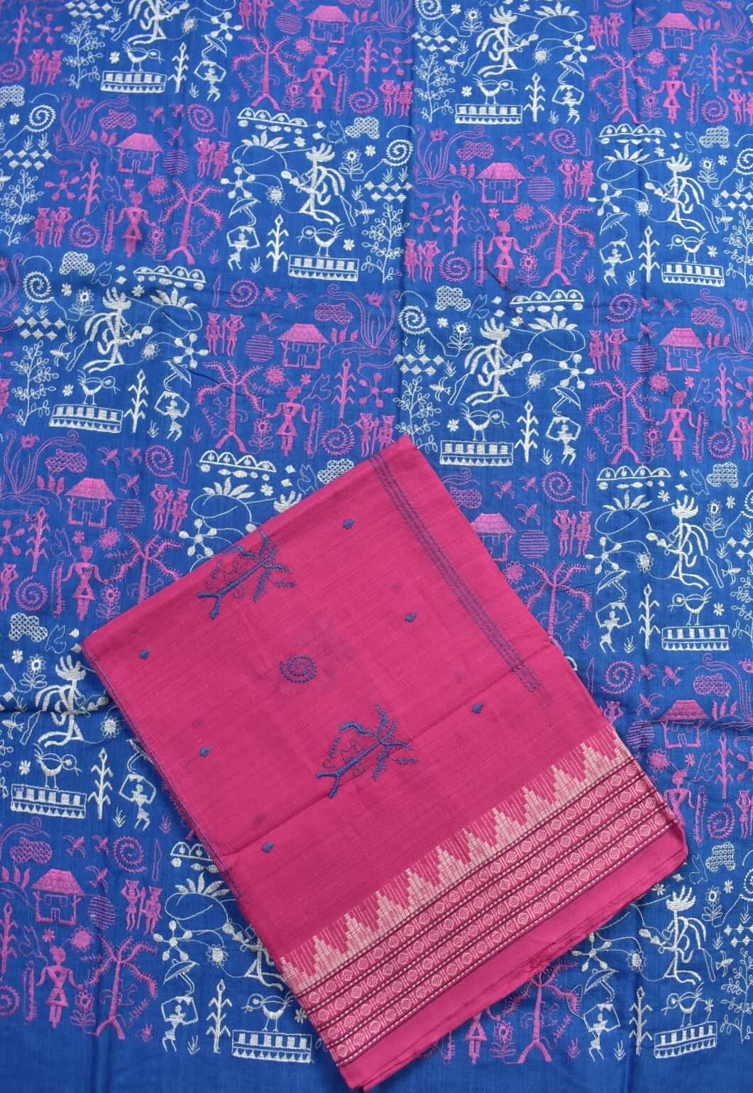 Sky Colour Tribal Design Sambalpuri Handloom Cotton Bomkai Dress Material - Image 3
