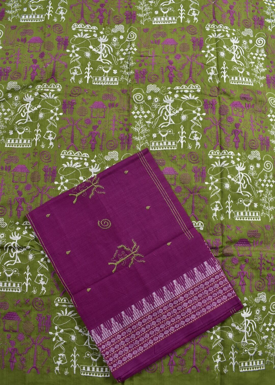 Mehendi Colour Tribal Design Sambalpuri Handloom Cotton Bomkai Dress Material - Image 3