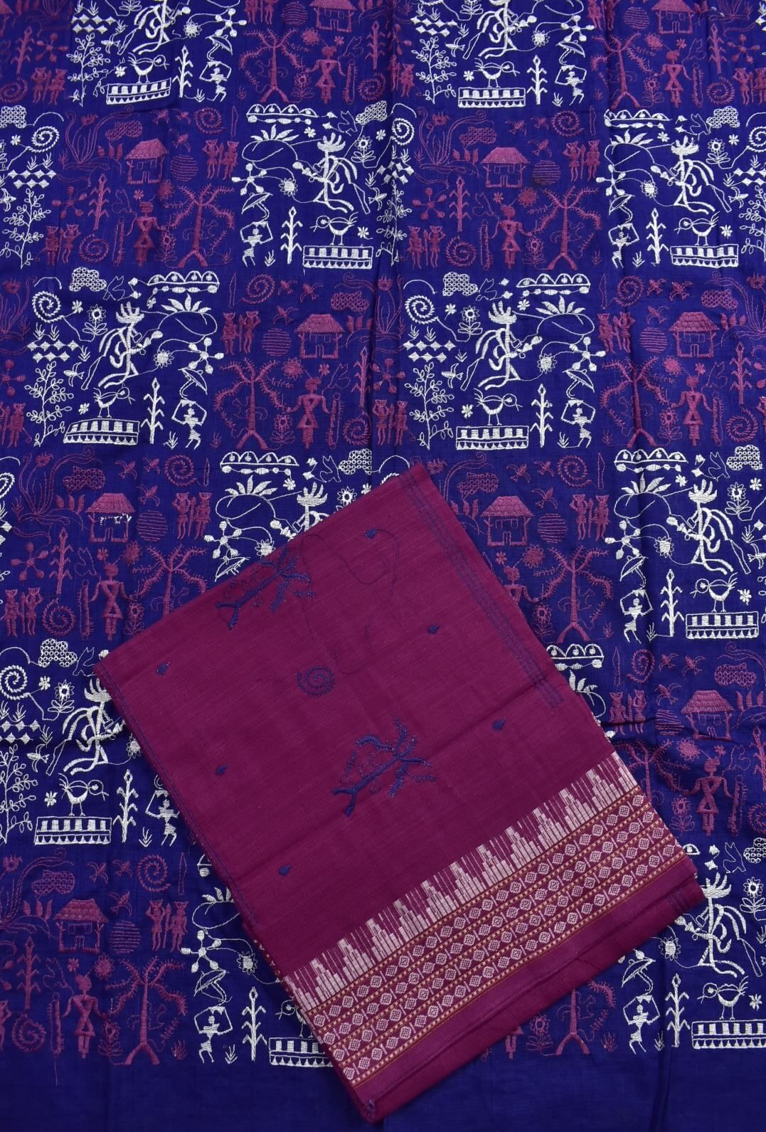 Blue Colour Tribal Design Sambalpuri Handloom Cotton Bomkai Dress Material - Image 3