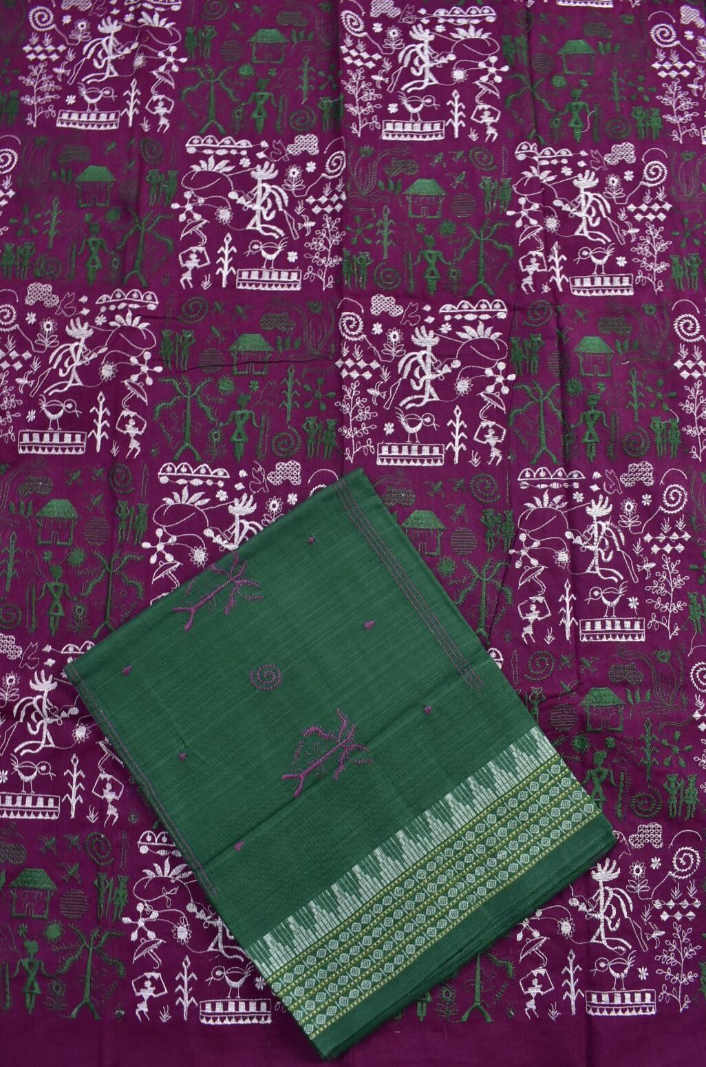 Maroon Colour Tribal Design Sambalpuri Handloom Cotton Bomkai Dress Material - Image 3
