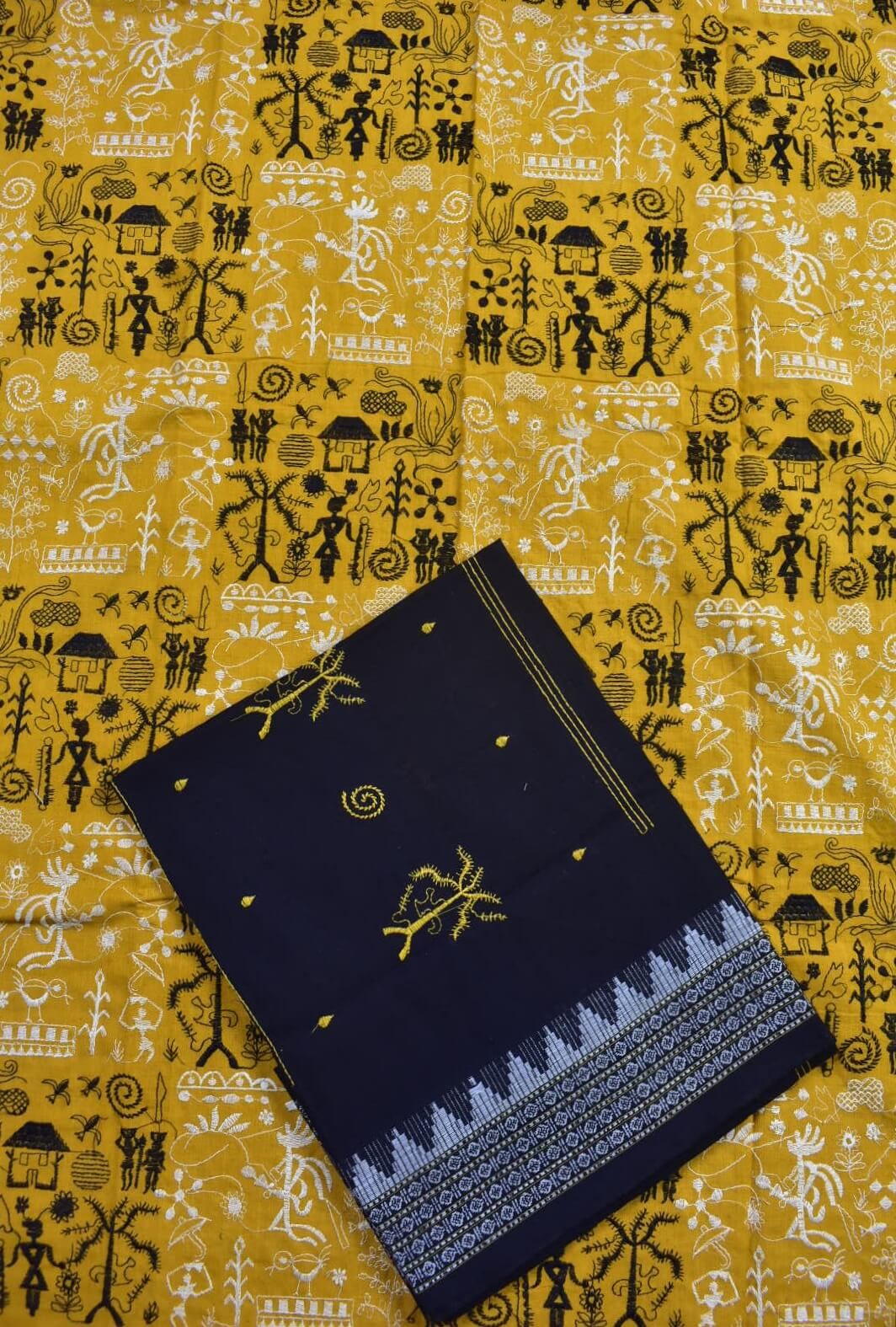 Yellow Colour Tribal Design Sambalpuri Handloom Cotton Bomkai Dress Material - Image 3