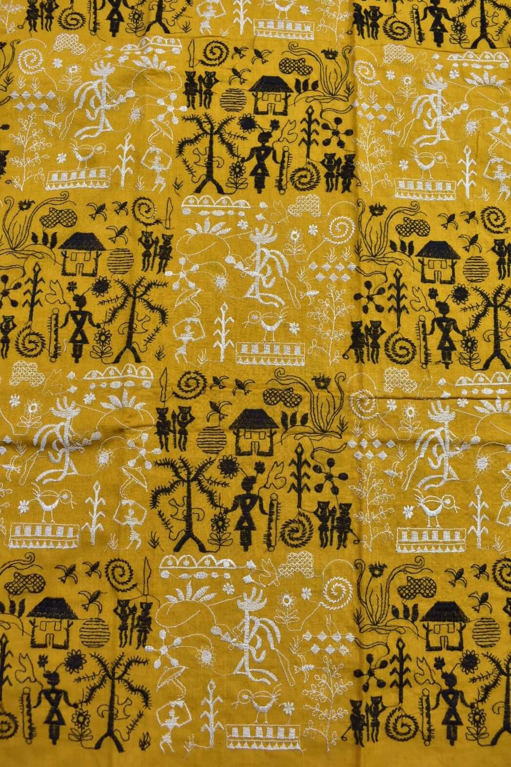 Yellow Colour Tribal Design Sambalpuri Handloom Cotton Bomkai Dress Material - Image 5