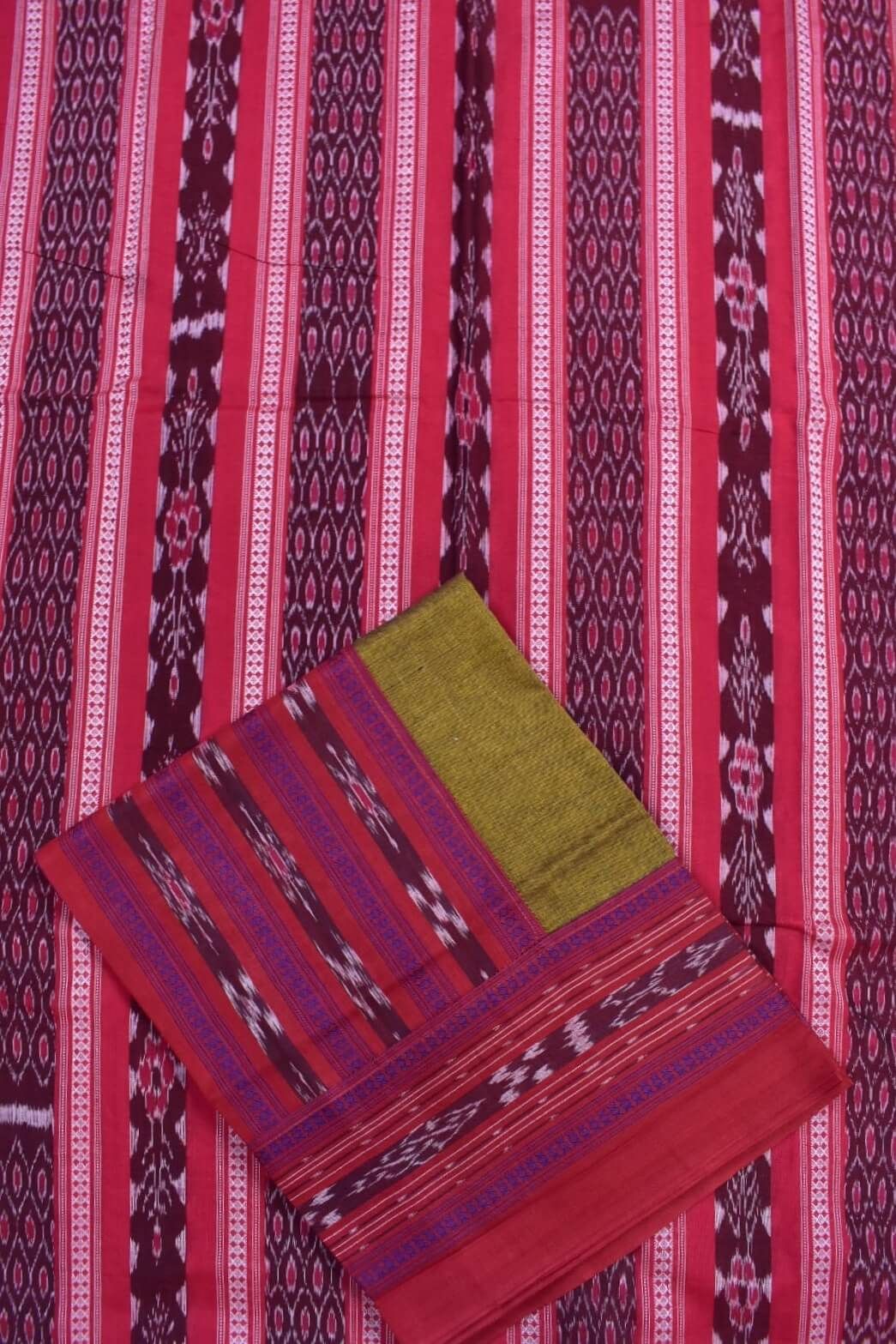 Red Colour Sambalpuri Handloom Cotton Bomkai Dress Material - Image 3