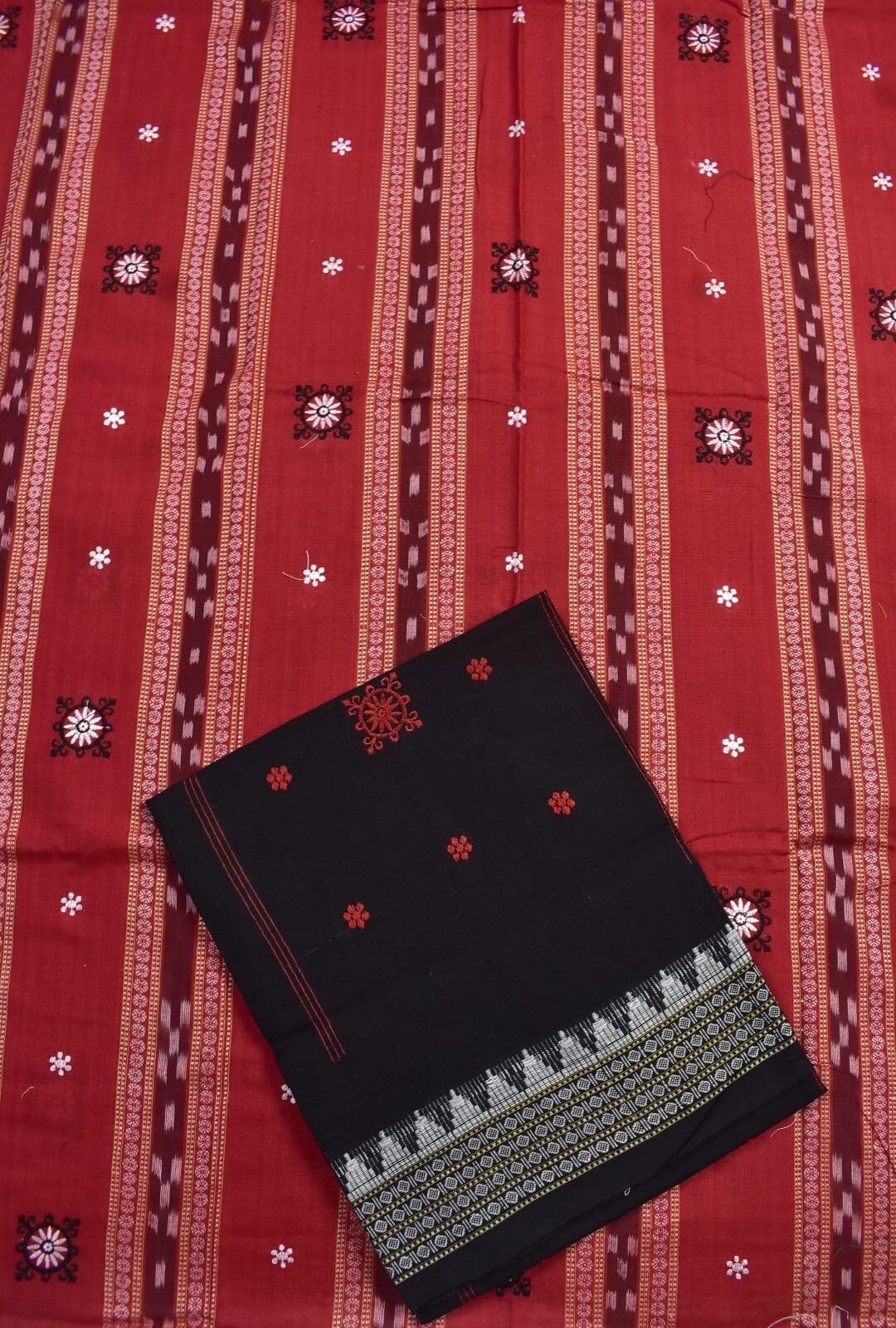 Red Colour Sambalpuri Handloom Cotton Bomkai Dress Material - Image 3