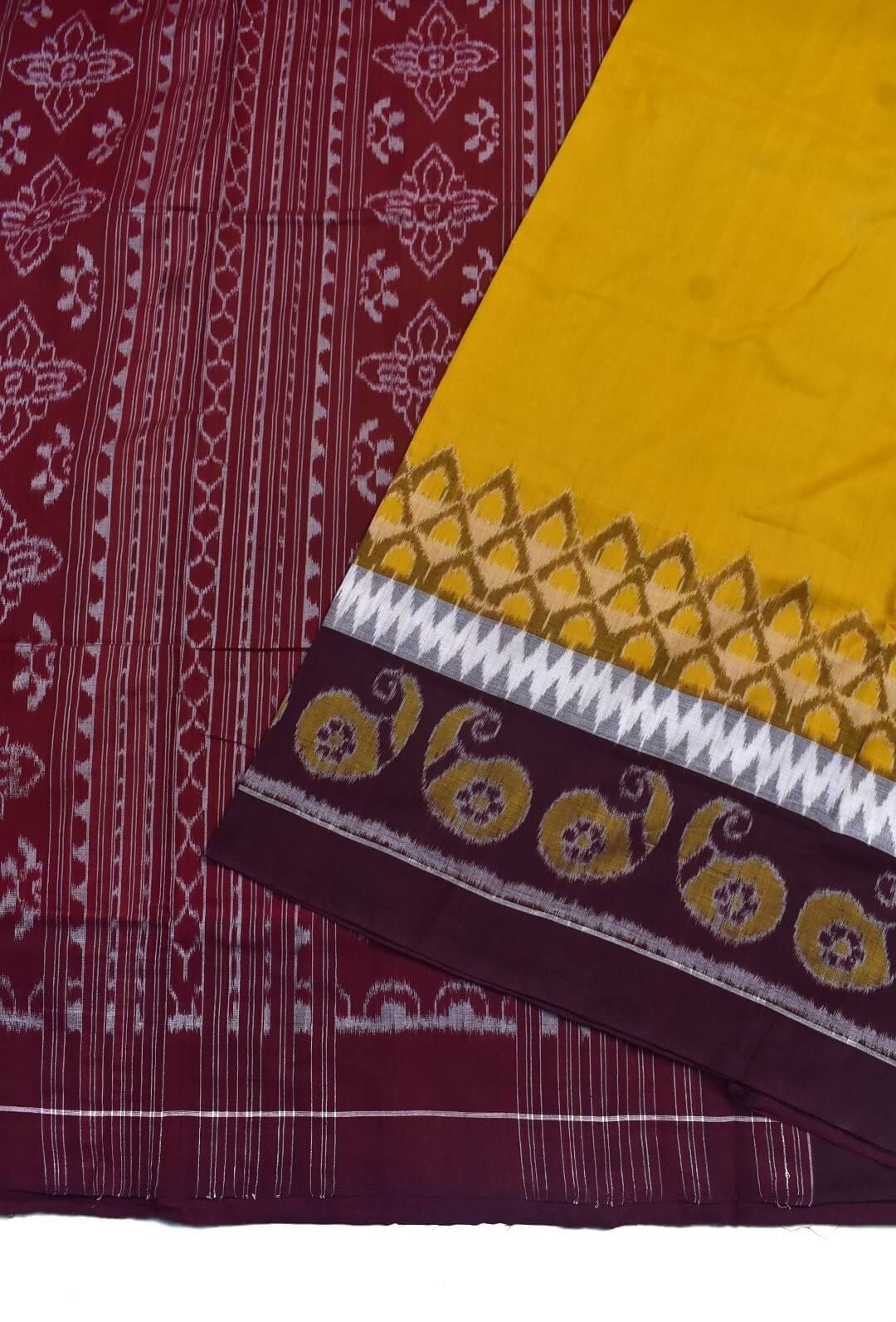Yellow Colour Plane Border Sambalpuri Handloom Cotton Saree - Image 3