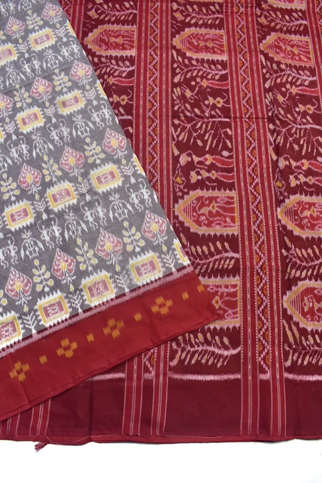 Gray Colour Plane Border Sambalpuri Handloom Cotton Saree - Image 3