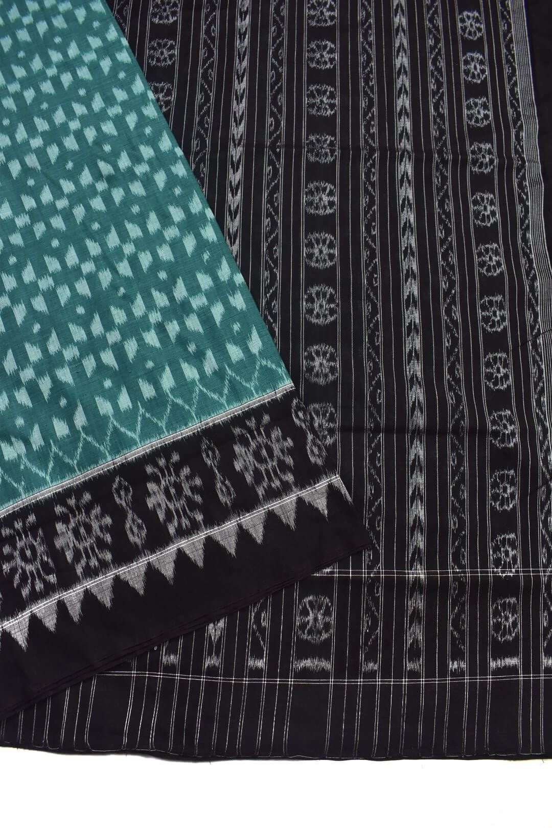 Green Colour Plane Border Sambalpuri Handloom Cotton Saree - Image 3