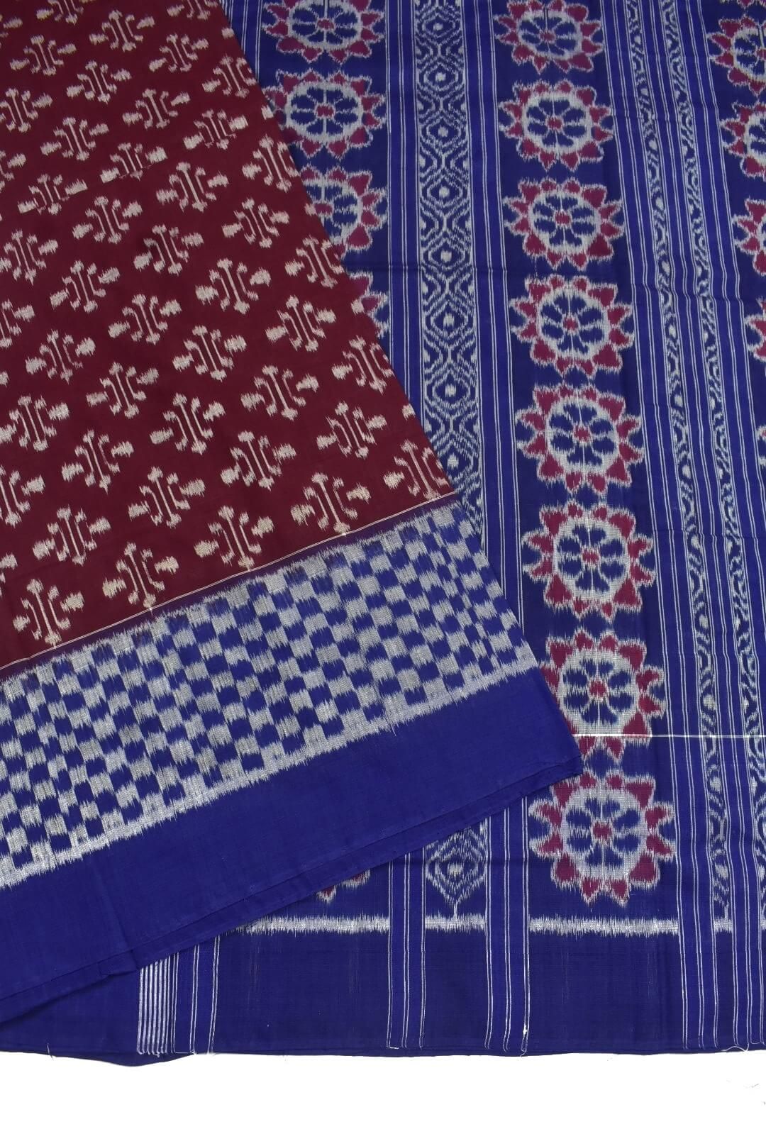 Maroon Colour Plane Border Sambalpuri Handloom Cotton Saree - Image 3