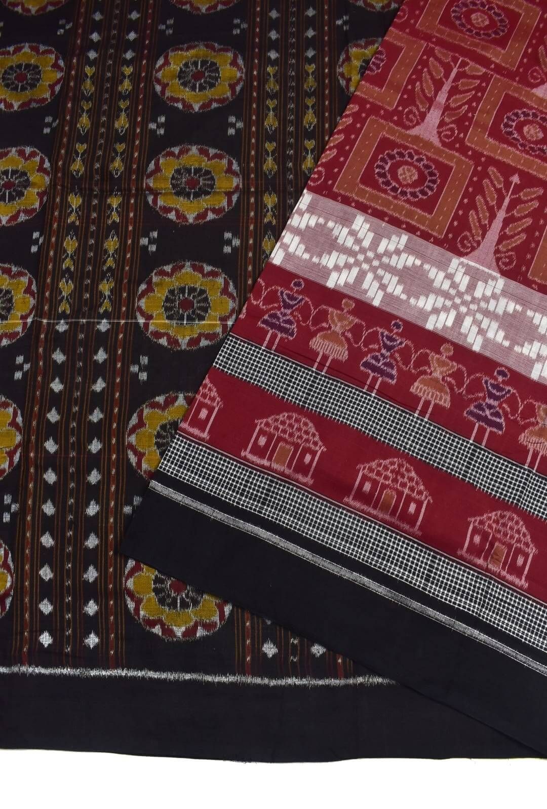 Red Colour Plane Border Sambalpuri Handloom Cotton Saree - Image 3