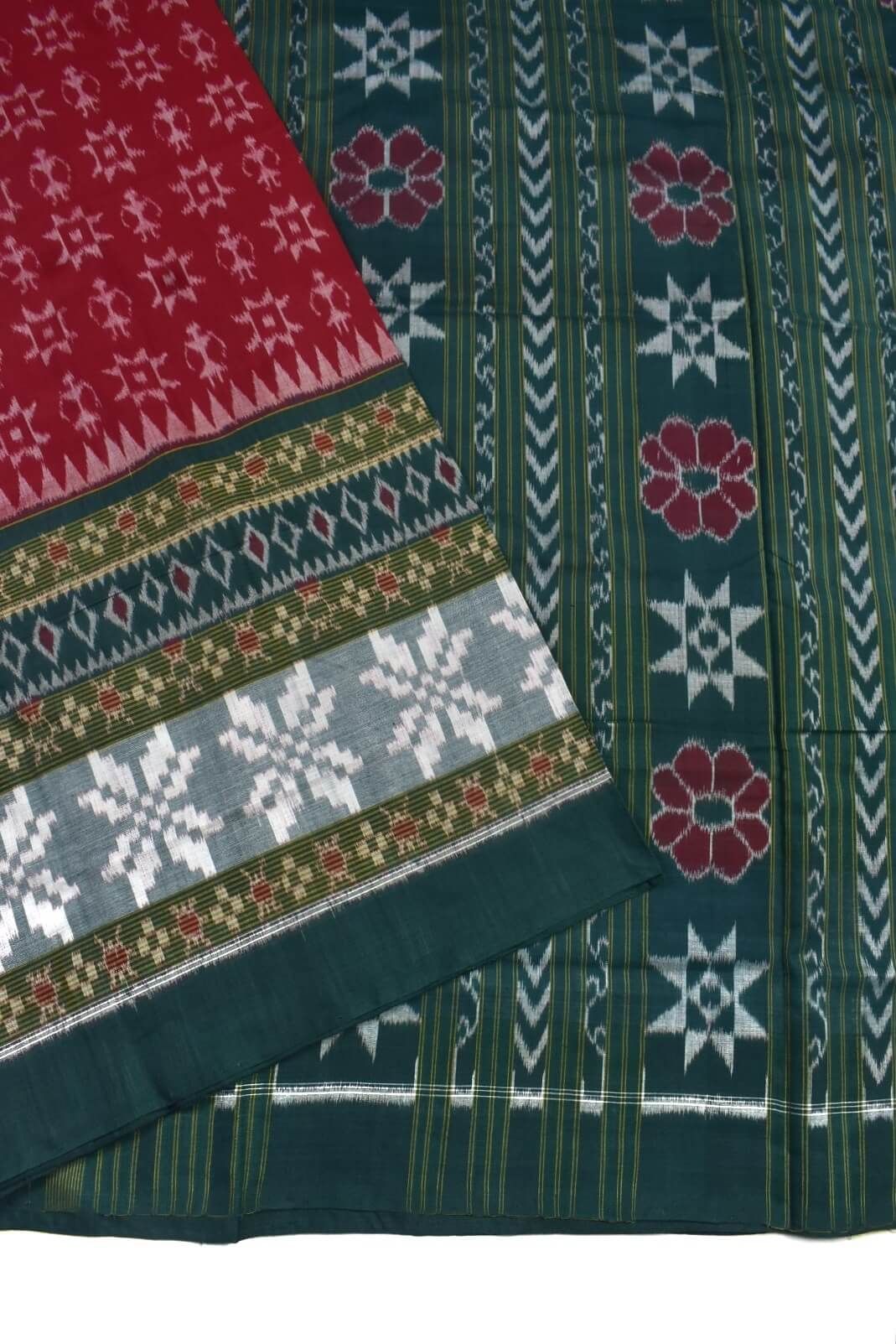 Red Colour Plane Border Sambalpuri Handloom Cotton Saree - Image 3