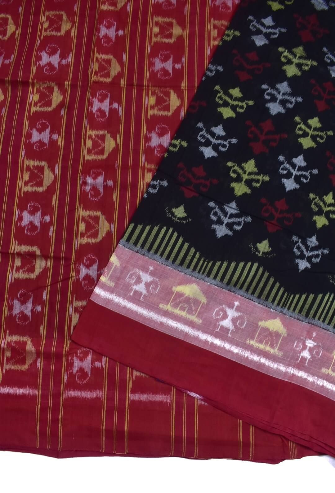 Black Colour Plane Border Sambalpuri Handloom Cotton Saree - Image 3