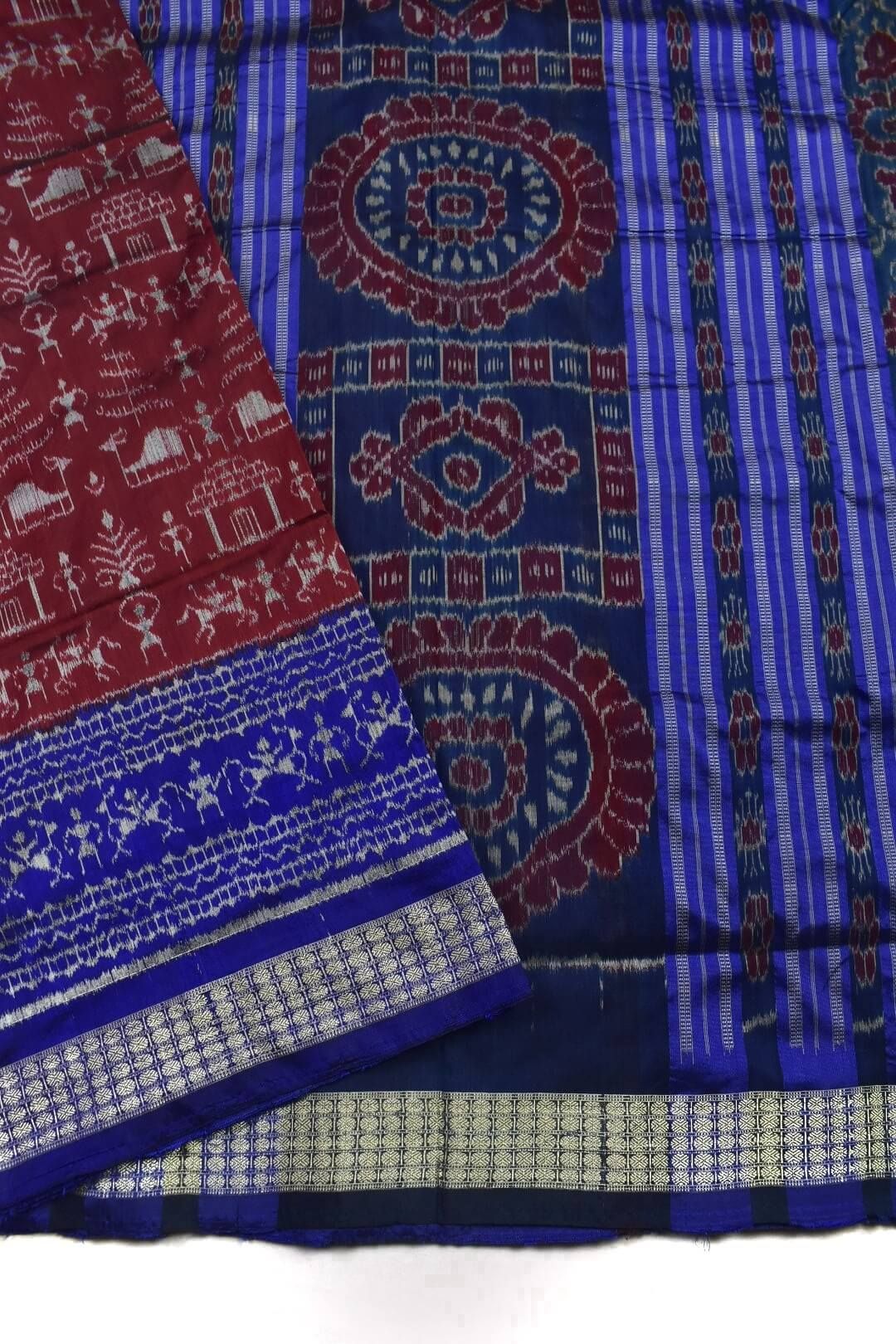 Blue-Red Combination Patli Design Sambalpuri Handloom Silk Saree - Image 4