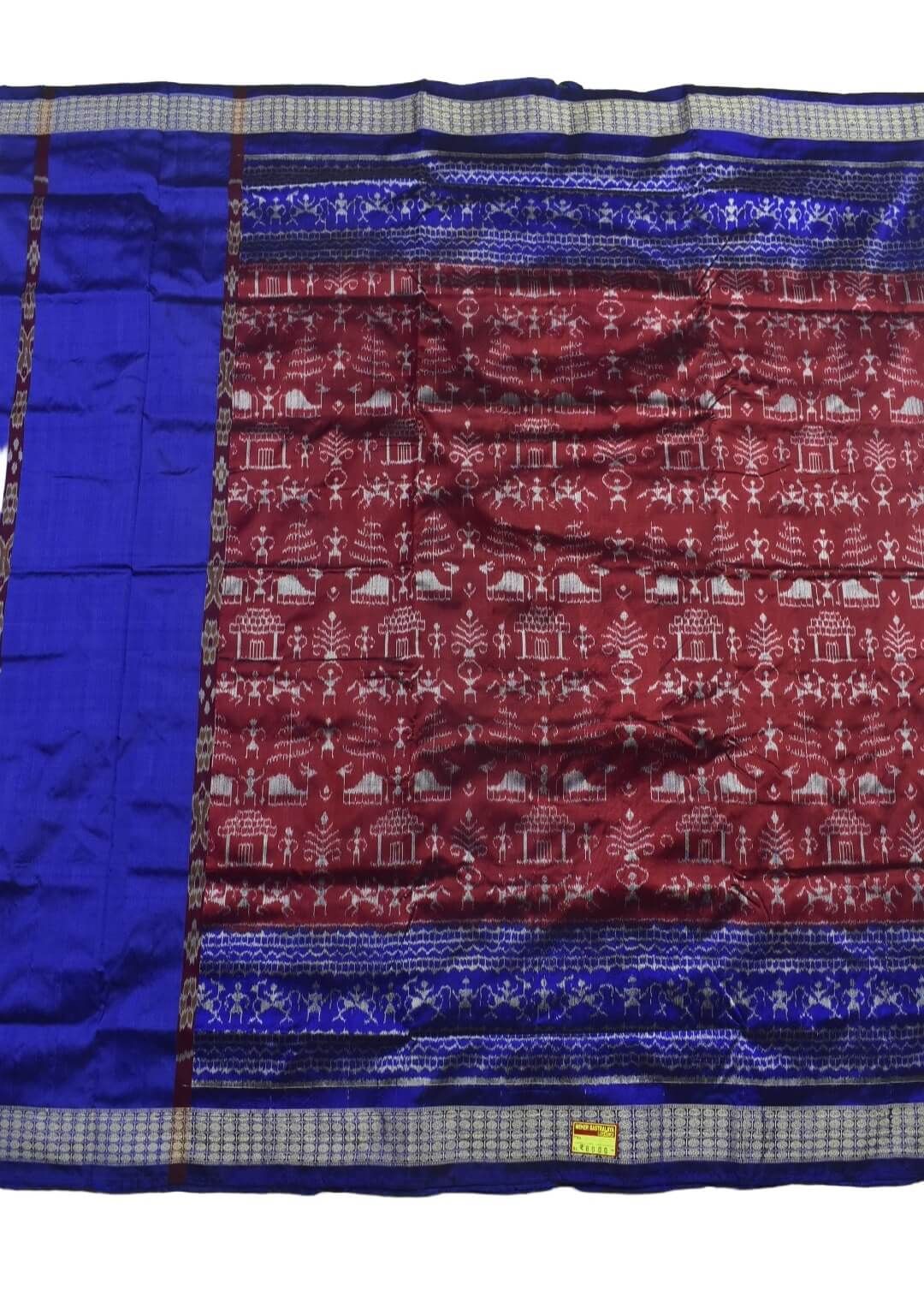 Blue-Red Combination Patli Design Sambalpuri Handloom Silk Saree
