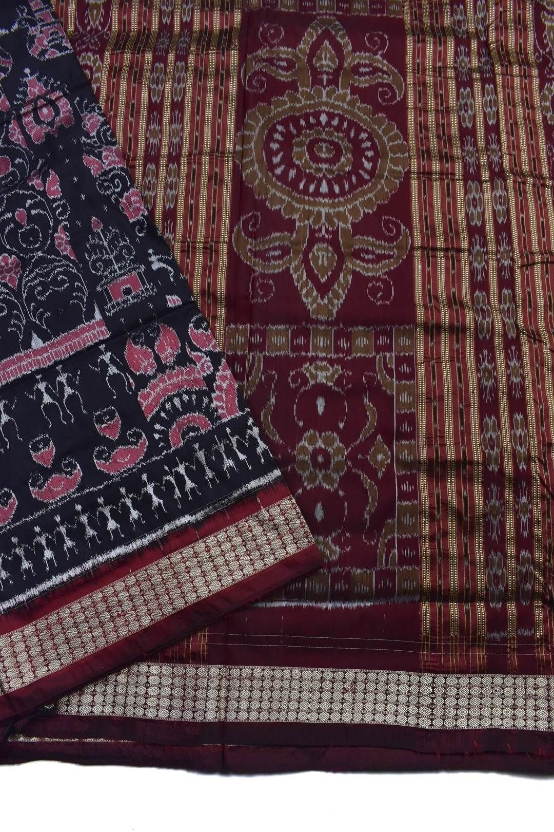 Black-Maroon Combination Patli Design Sambalpuri Handloom Silk Saree - Image 4