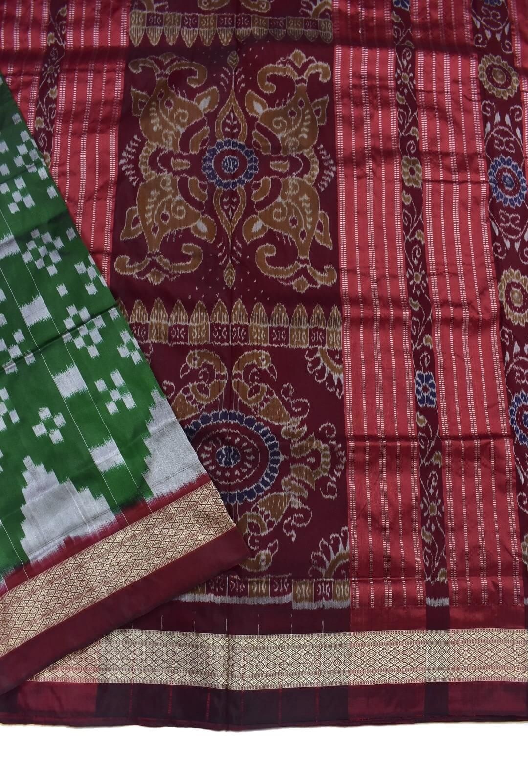 Green Colour Sambalpuri Handloom Bandha Silk Saree - Image 3