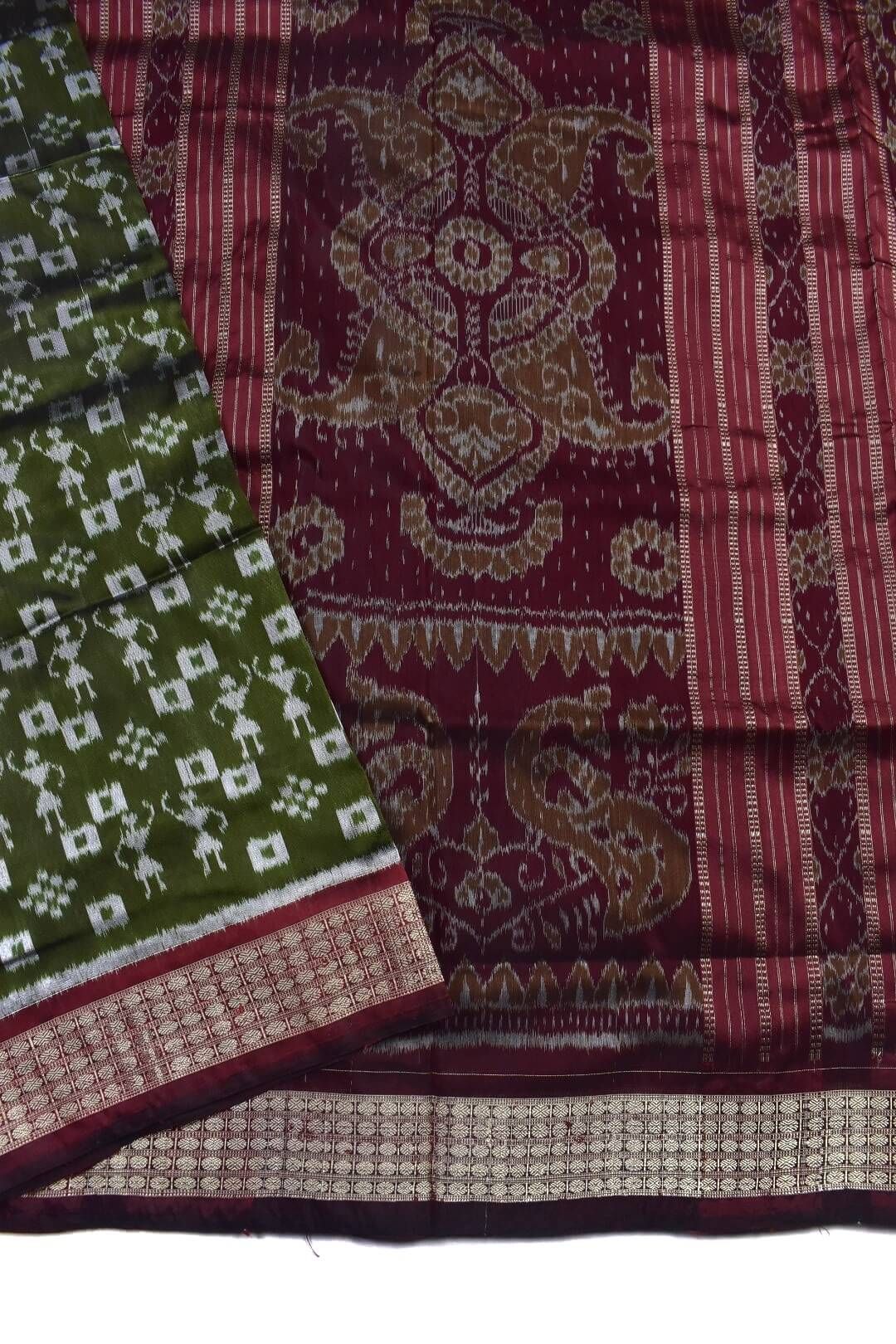 Green Colour Sambalpuri Handloom Bandha Silk Saree - Image 3